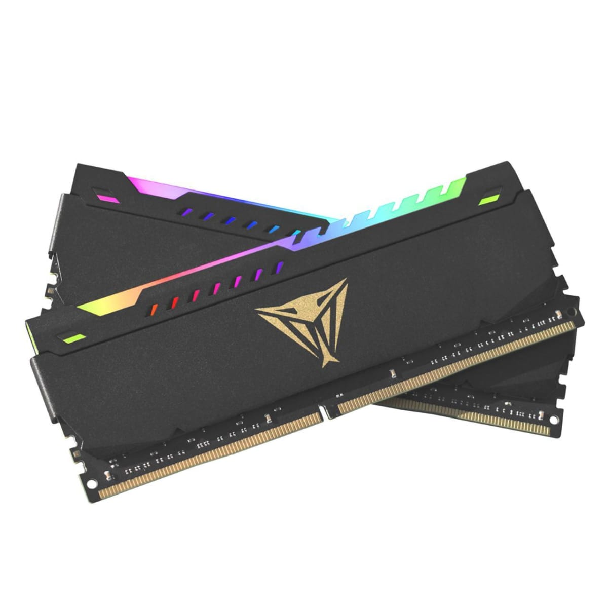 Dos módulos RAM negros con luces LED de colores y un logotipo dorado sobre fondo blanco.