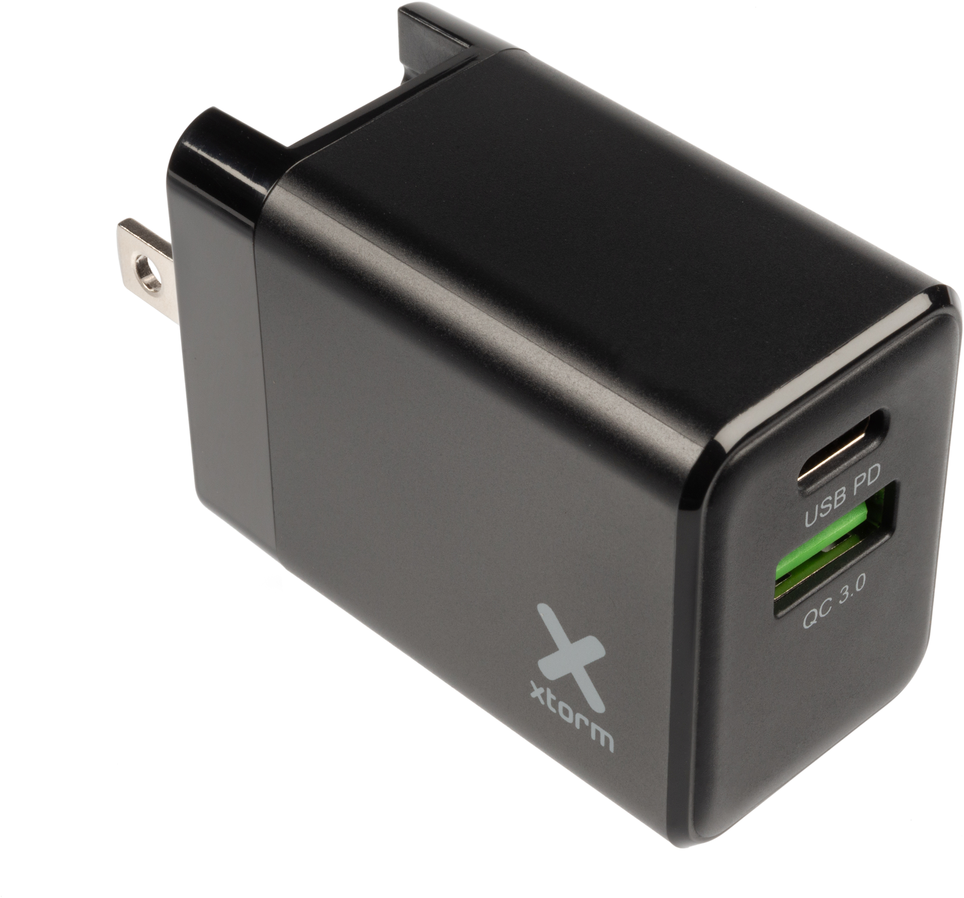 Ein schwarzes USB-Ladegerät mit USB-Anschluss und QC 3.0-Anschluss.