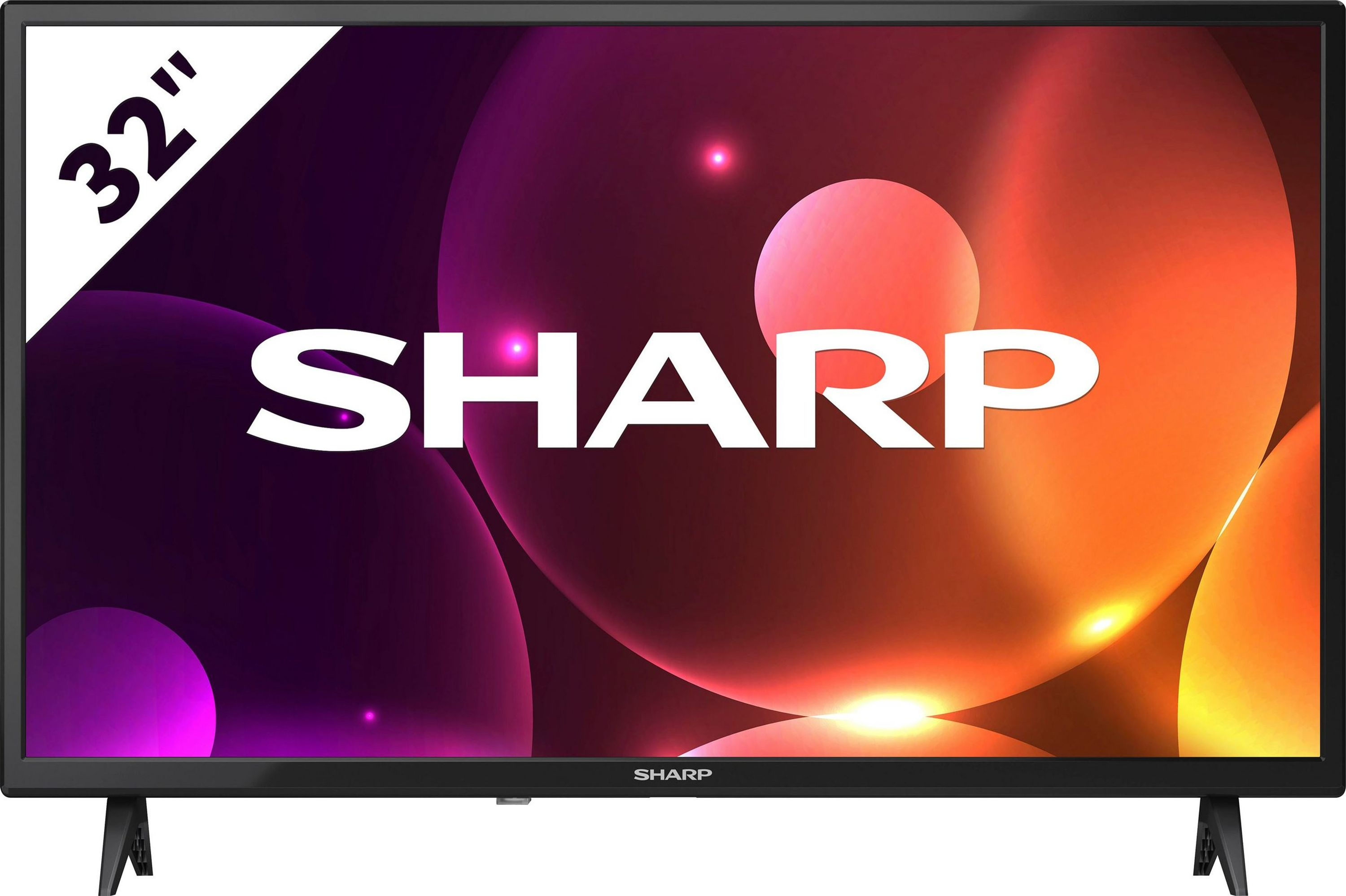 TV Sharp da 32 pollici. Cornice nera, schermo mostra un design astratto colorato. Sfondo bianco.