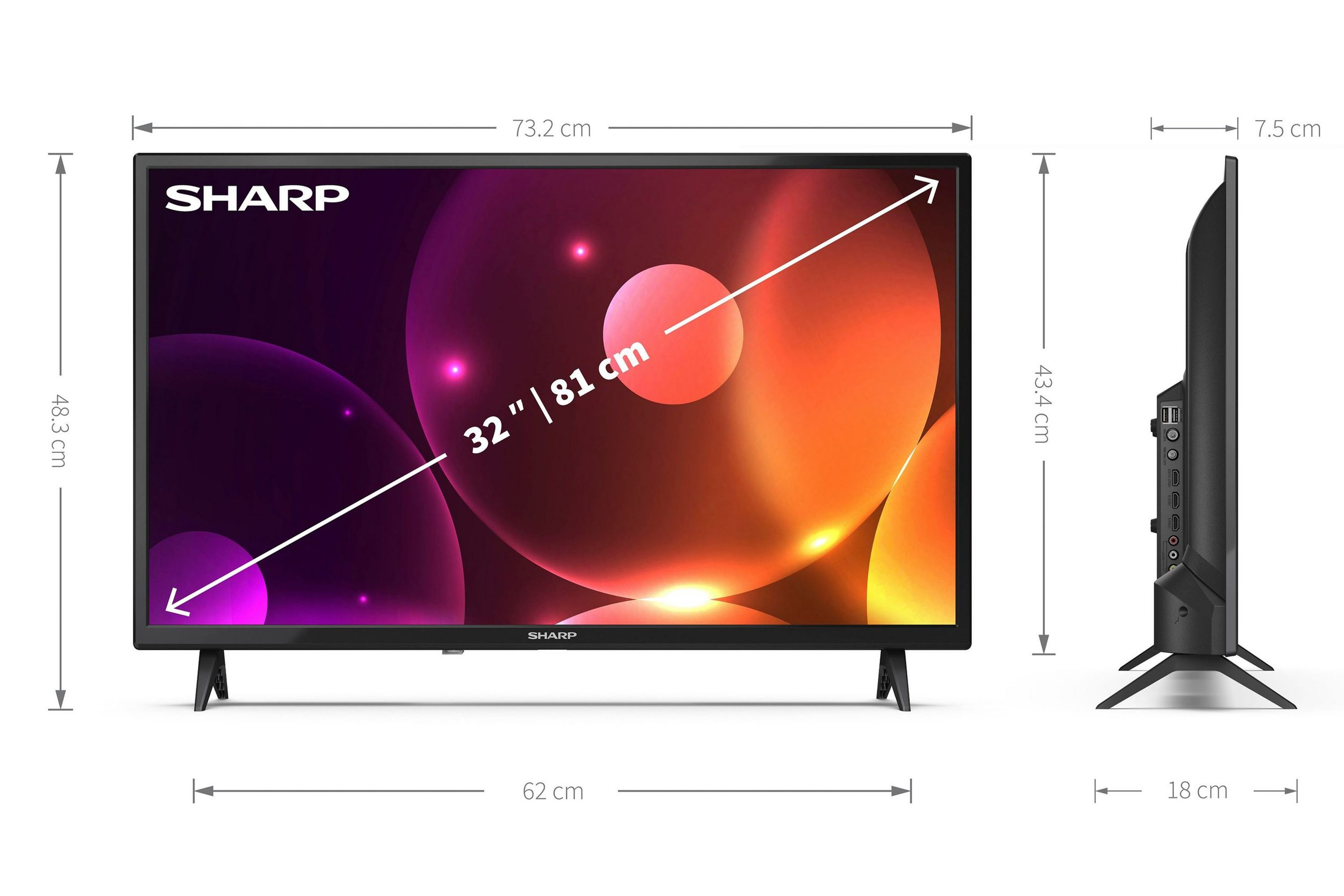 Un televisore Sharp. Mostra le dimensioni: schermo da 32 pollici, cornice e supporto neri.