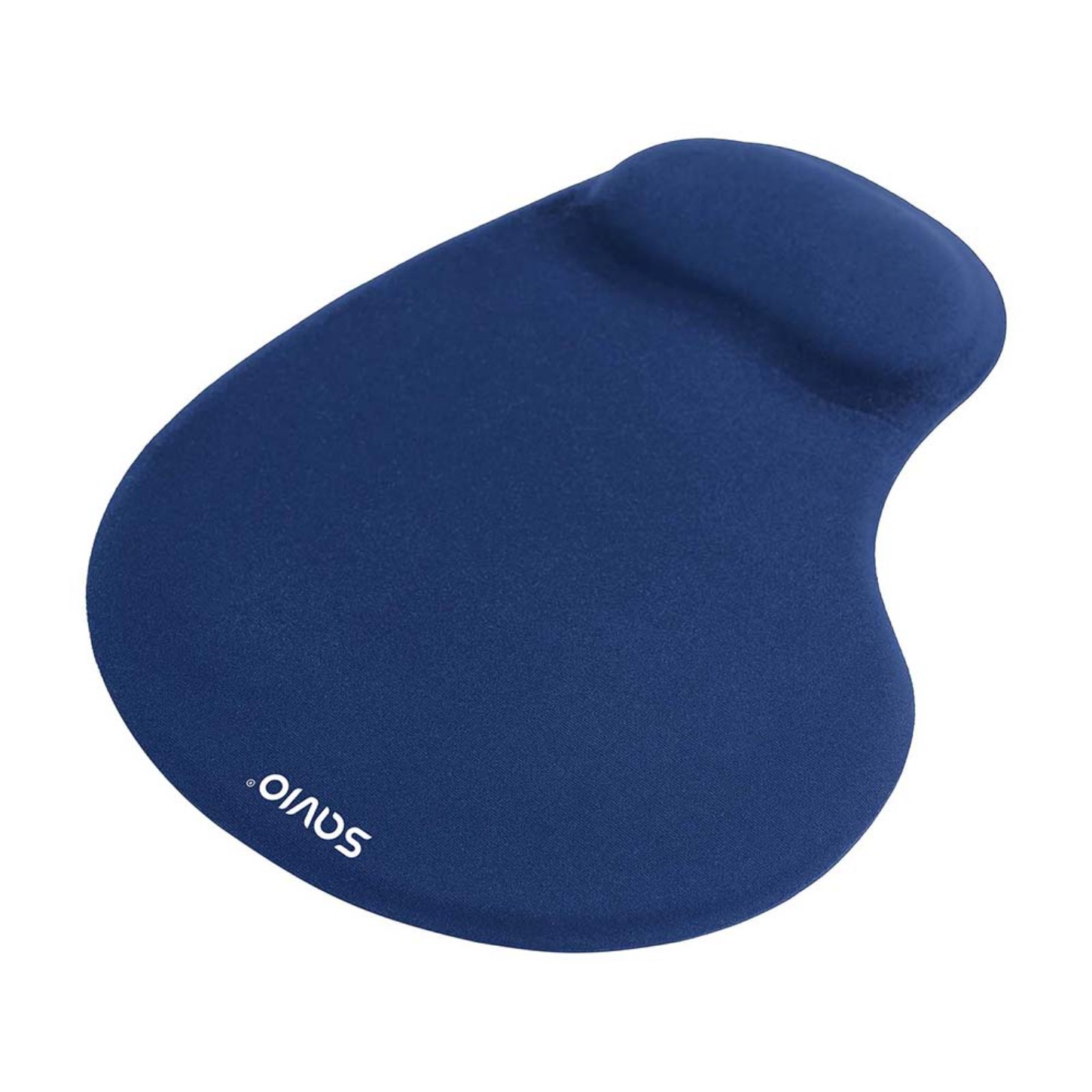 Una alfombrilla de ratón ergonómica azul. La palabra "SAVIO" está impresa en la esquina inferior izquierda.