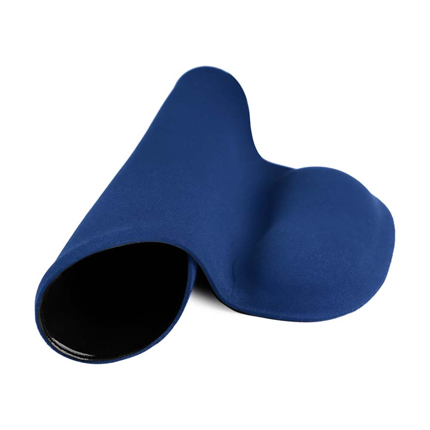 Una alfombrilla de ratón ergonómica azul oscuro. Tiene un diseño curvo para soportar la muñeca.