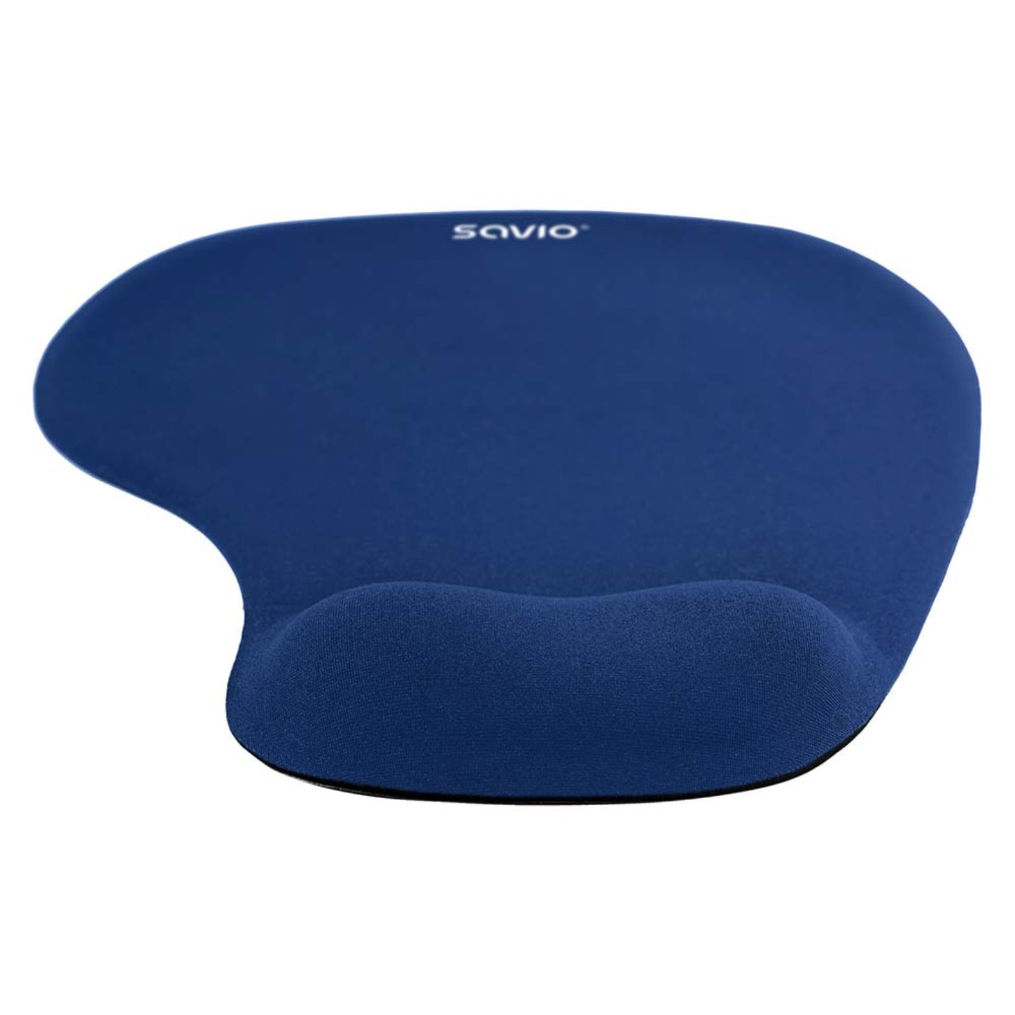 Alfombrilla de ratón ergonómica azul con reposamuñecas, sobre fondo blanco.