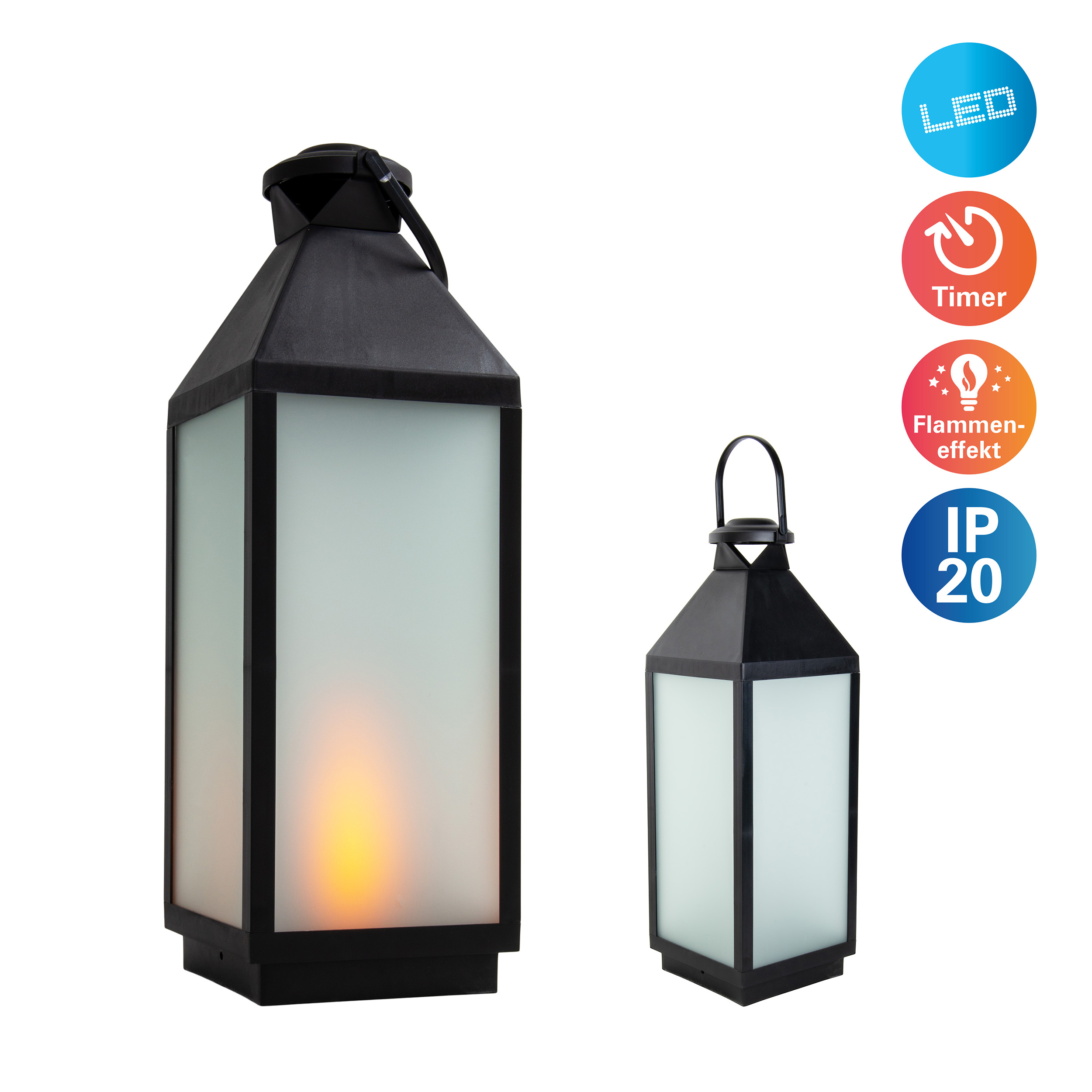 Zwei schwarze Laternen mit Flammeneffekt und LED-Licht, mit Symbolen auf weißem Hintergrund.