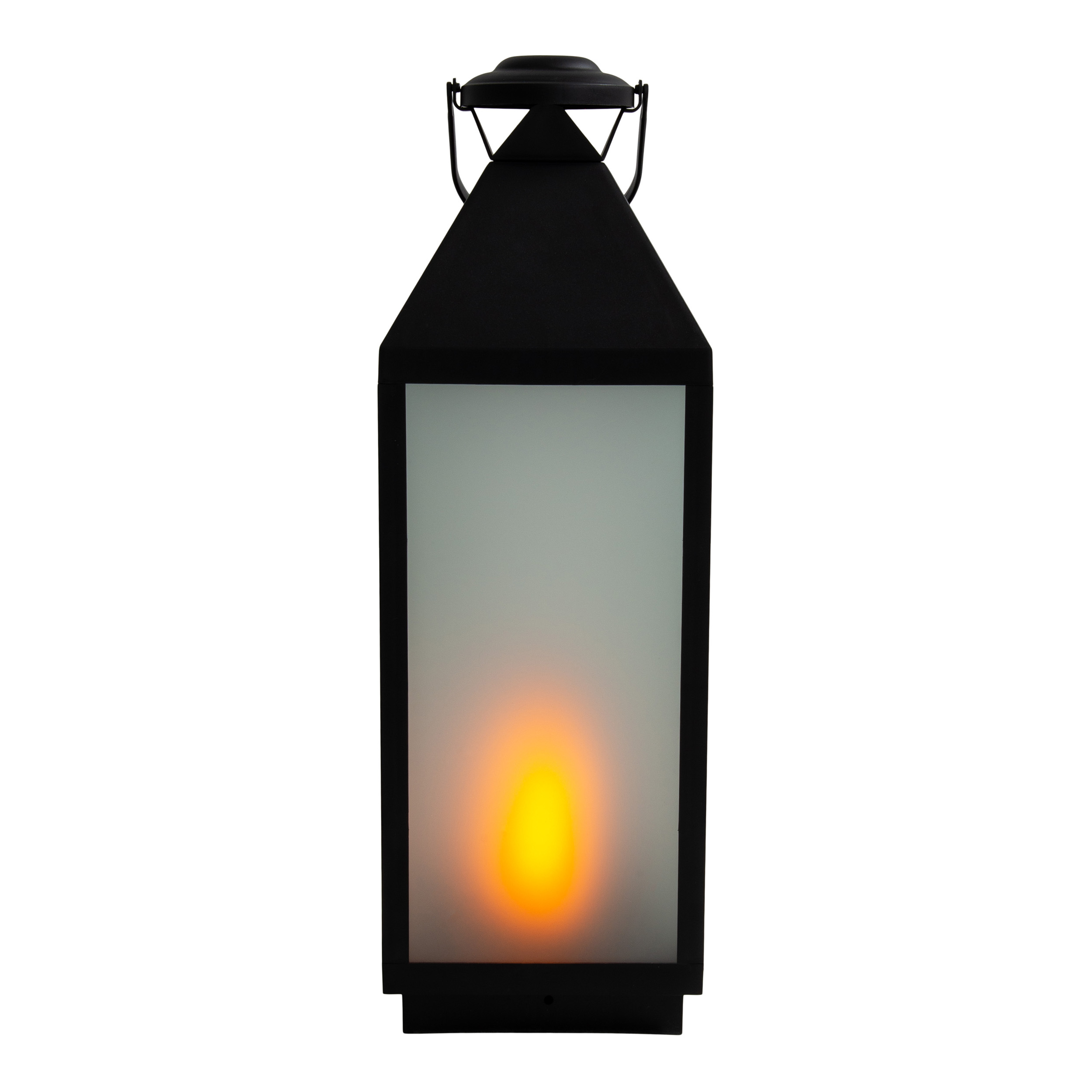 Eine schwarze Laterne mit hellorangefarbenem Licht, isoliert auf Weiß.