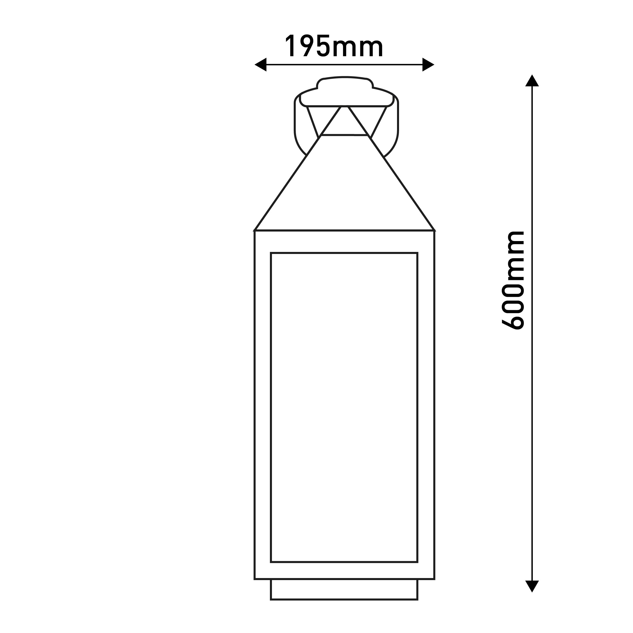 Strichzeichnung einer hohen, schlanken Laterne mit den Maßen: 195 mm x 600 mm.