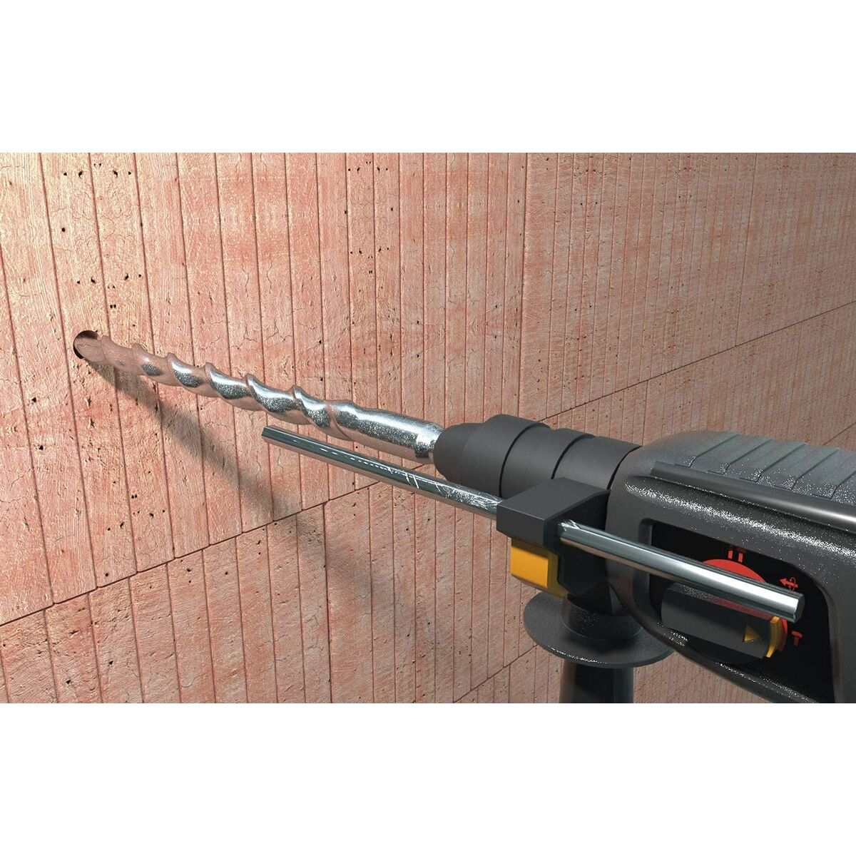 Bohrer bohrt in eine Ziegelmauer. Der Bohrer und die Wand sind in Nahaufnahme zu sehen.