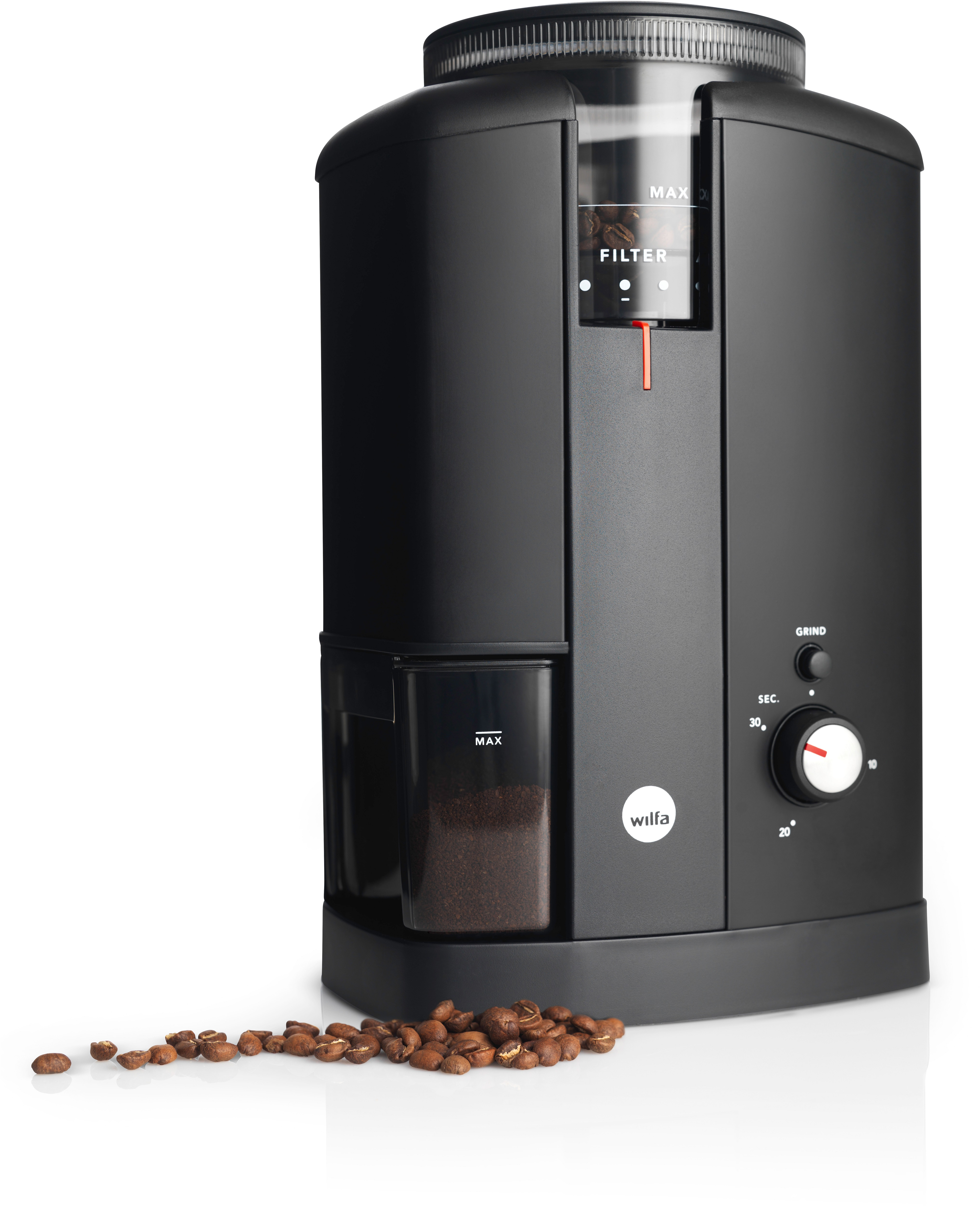Macinacaffè Wilfa nero con chicchi, manopola di regolazione e contenitore per caffè macinato.