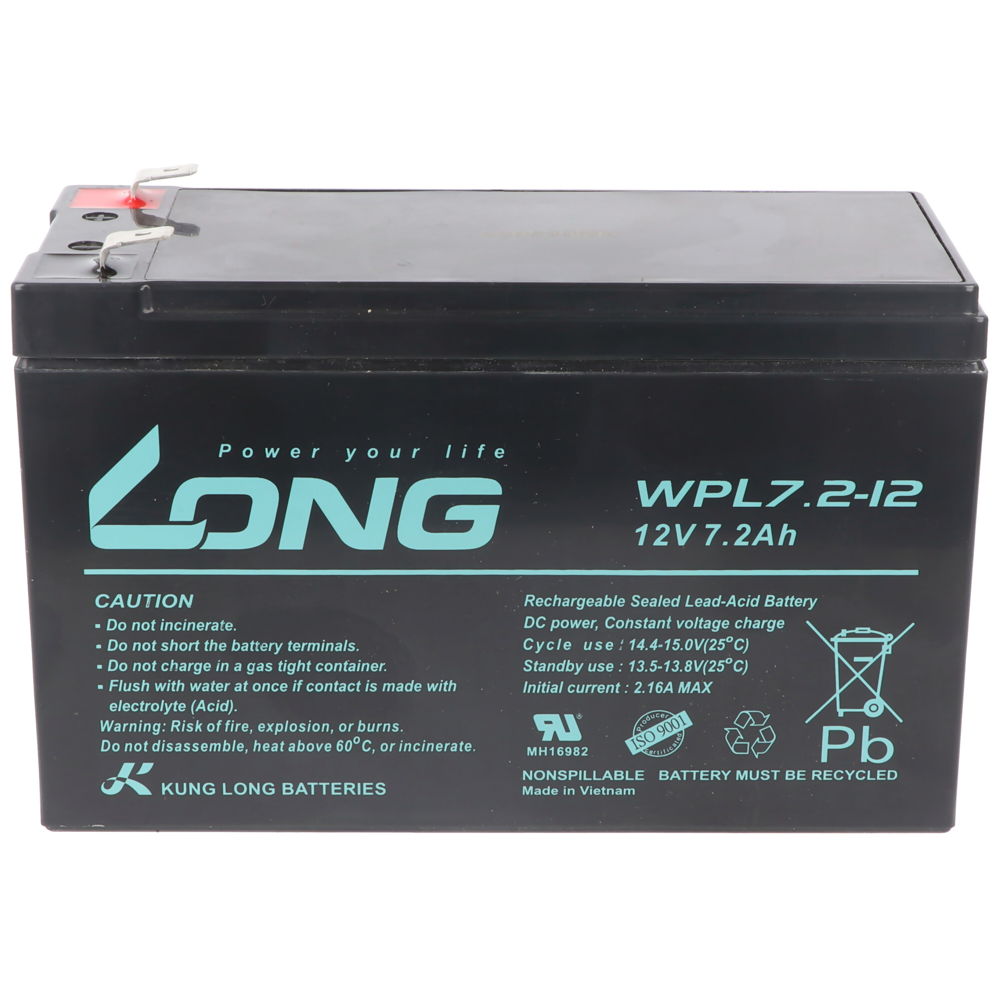 KUNG LONG Kung Long WPL7.2-12 7200 mit 6,3mm mAh Bleiakku, Longlife 12Volt, Blei-Vlies-Akku, Anschluss Pb F2 7,2Ah Blei Faston 