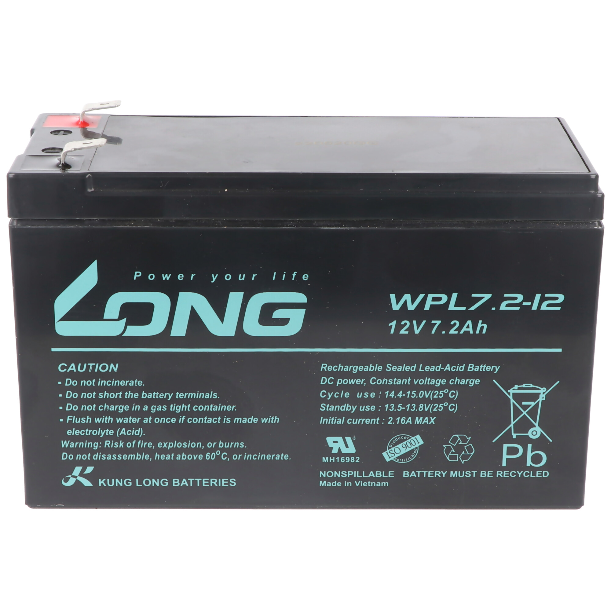 Eine schwarze, wiederaufladbare, versiegelte Blei-Säure-Batterie mit Warnhinweisen.