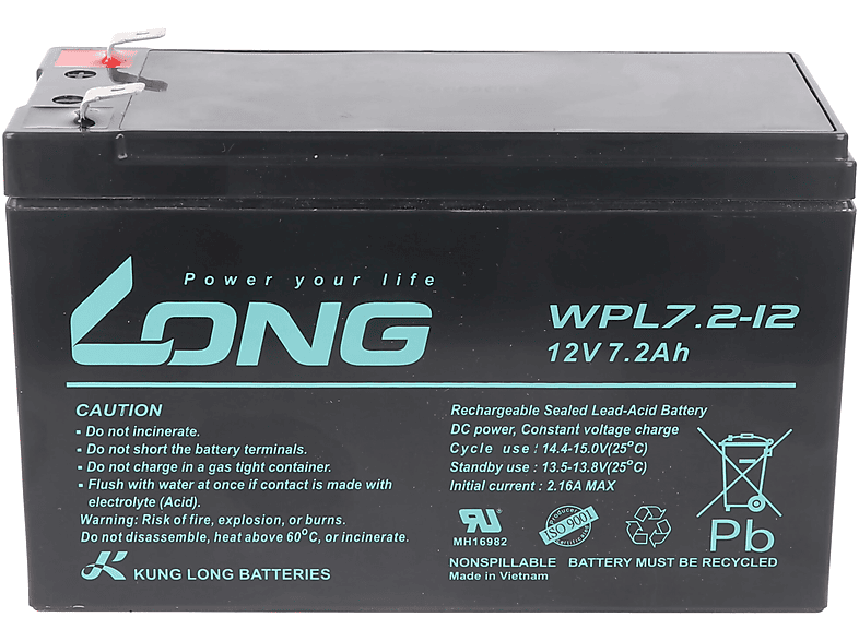 6,3mm Long KUNG Pb 7200 F2 12Volt, Blei-Vlies-Akku, Longlife Faston LONG Blei mit 7,2Ah - Anschluss Kung mAh Bleiakku, WPL7.2-12