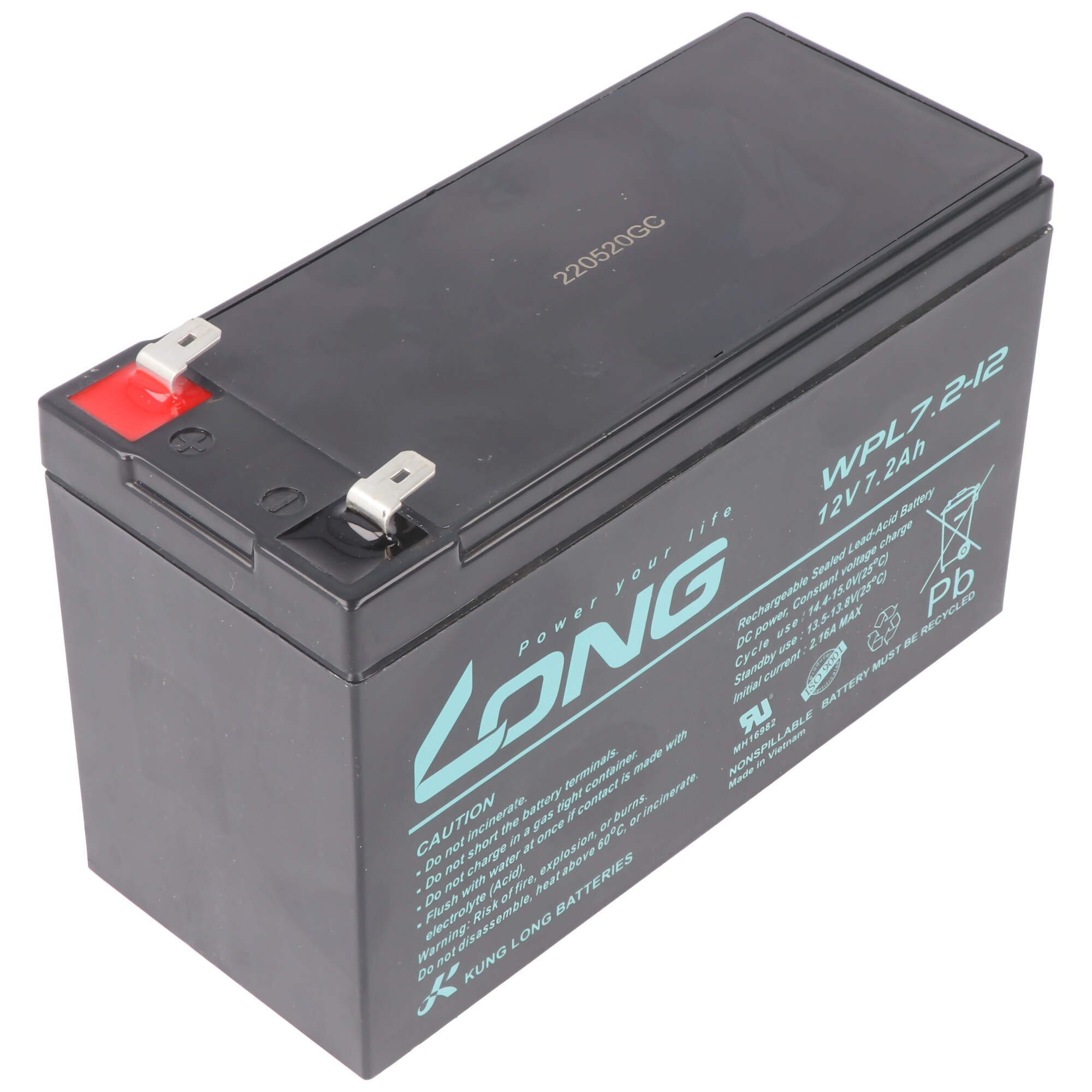Schwarze rechteckige Batterie mit Spezifikationen und Warnungen. Marke LONG.