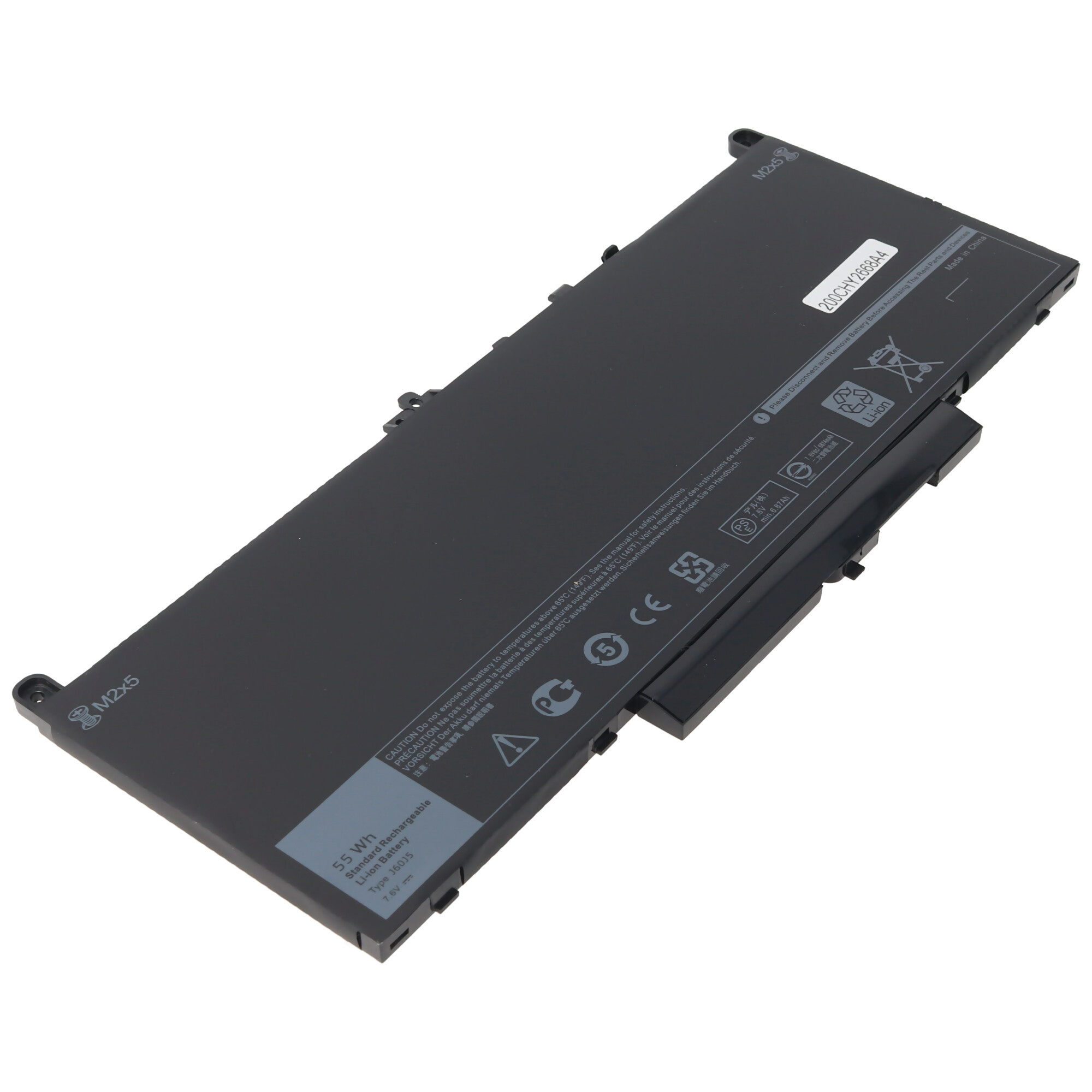 Schwarzer Laptop-Akku, schräge Ansicht, mit sichtbaren Etiketten und Warnungen.