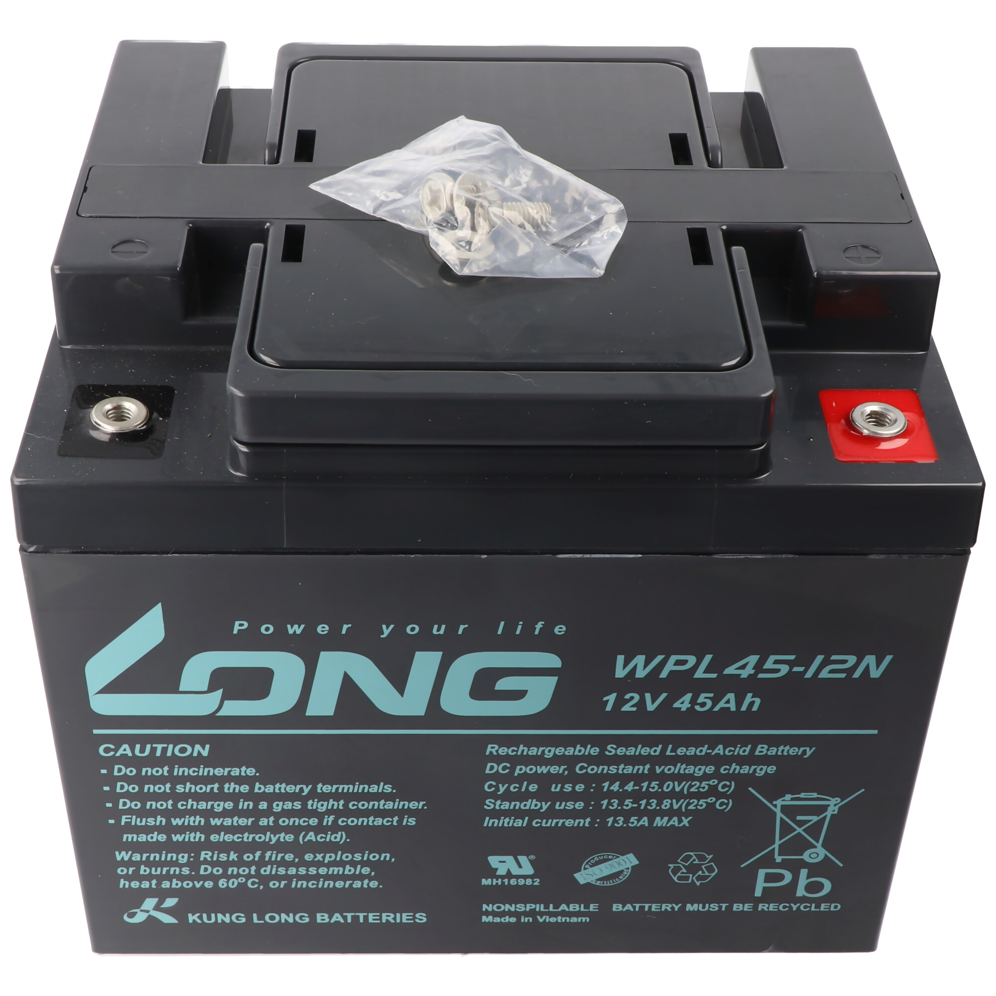 12Volt, 45000 Blei-Vlies-Akku, 45Ah, Kung Bleiakku, Innengewinde Blei F8 Long mAh Longlife KUNG LONG - WPL45-12N M6 Pb