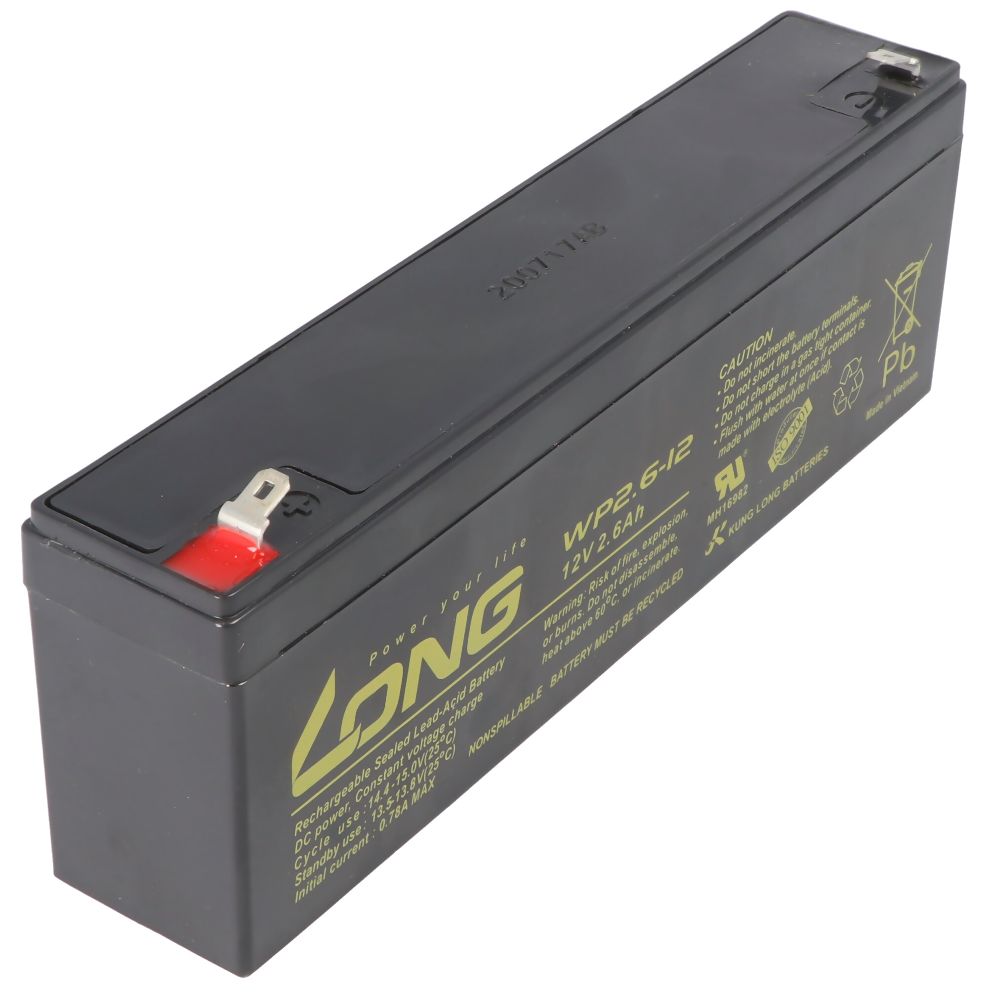 Schwarze rechteckige 12V 2,6Ah Batterie mit Warnhinweisen auf weißem Grund.