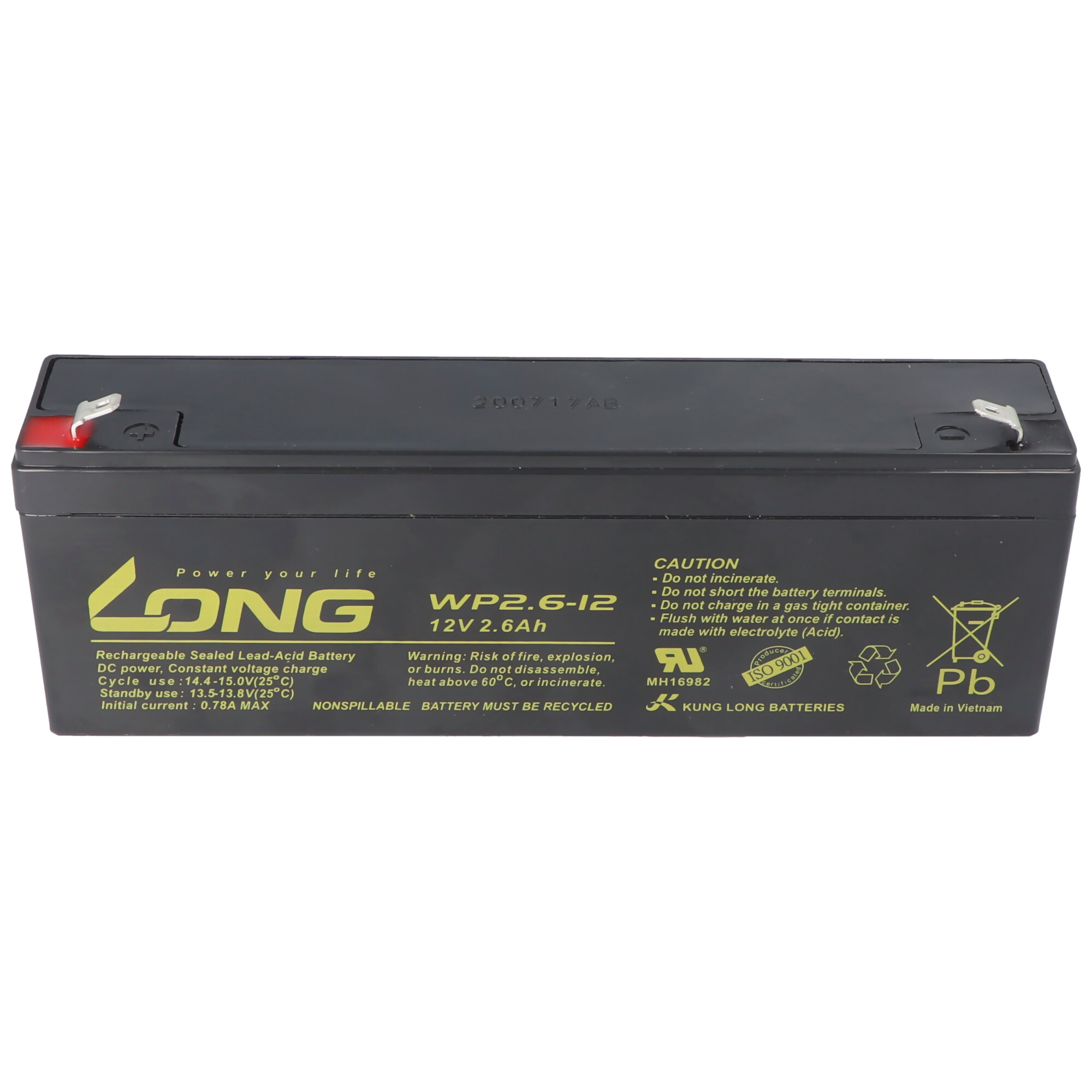 Schwarze rechteckige Batterie mit weißem Etikett und rotem Pluspol.