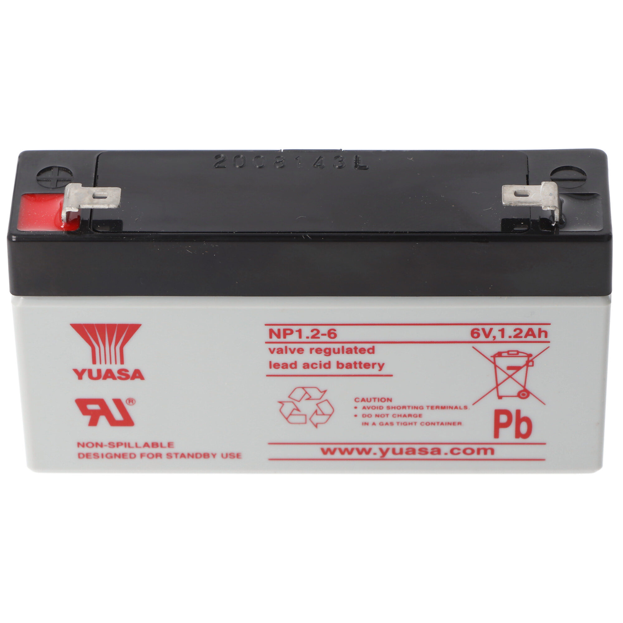 Eine rechteckige Batterie mit schwarzem Deckel und weißem Gehäuse. Sie hat Text und Symbole darauf.