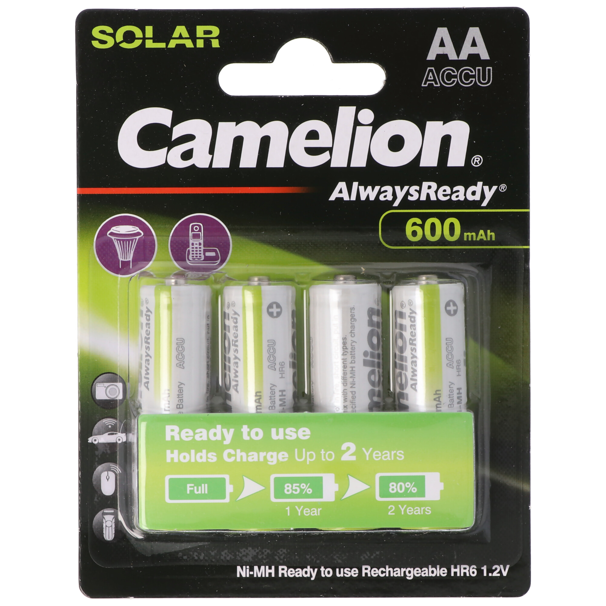 Opakowanie baterii AA z etykietą pokazującą stan naładowania i czas ładowania.