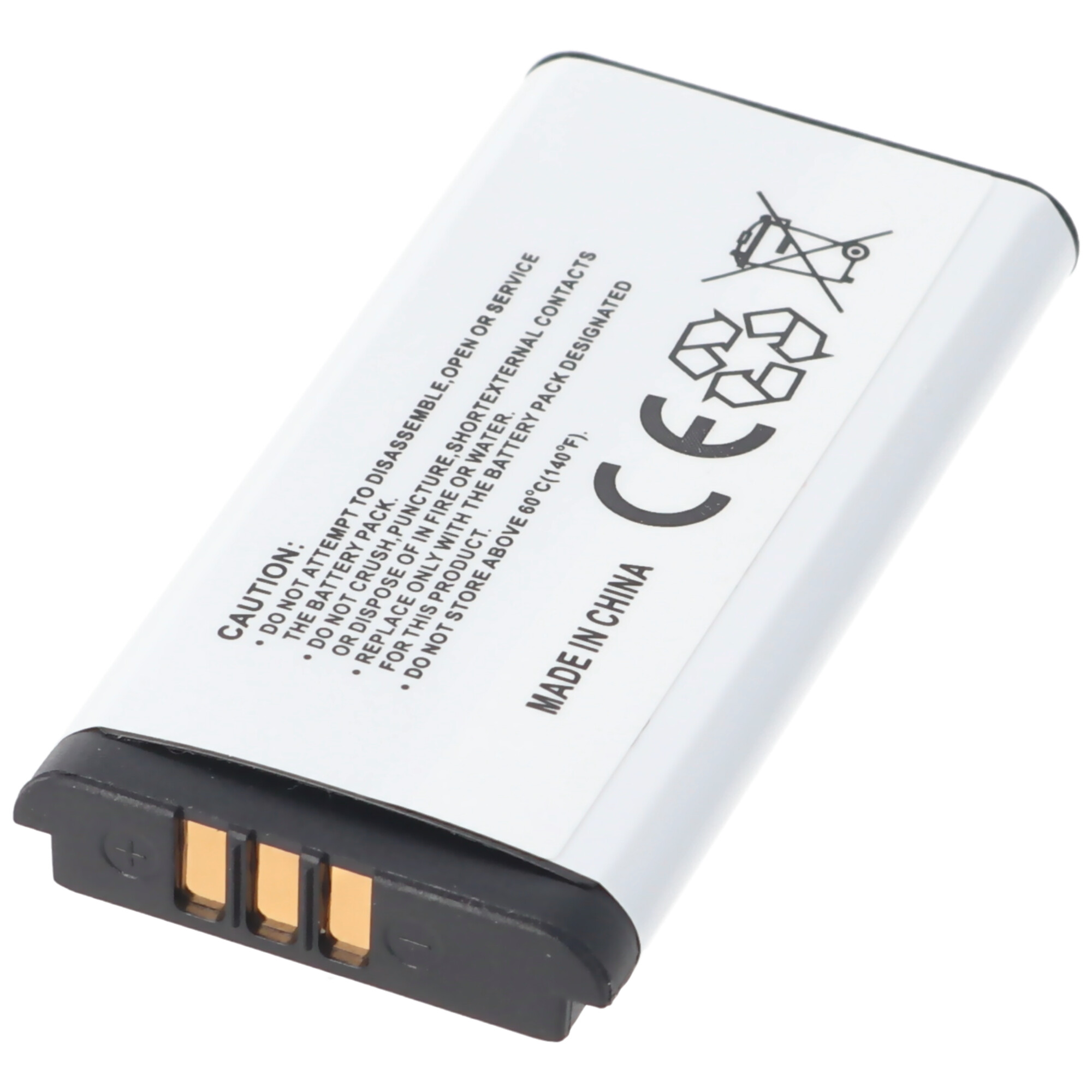 Eine weiße und schwarze Batterie. Es hat Warnungen und Recycling-Symbole darauf. Made in China steht auf der Unterseite.
