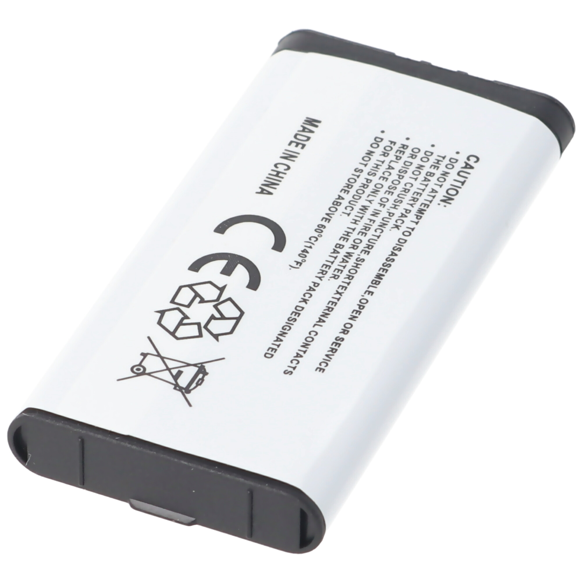 Weiße Batterie mit schwarzen Details. Text enthält Warnungen und Recyclingsymbole.