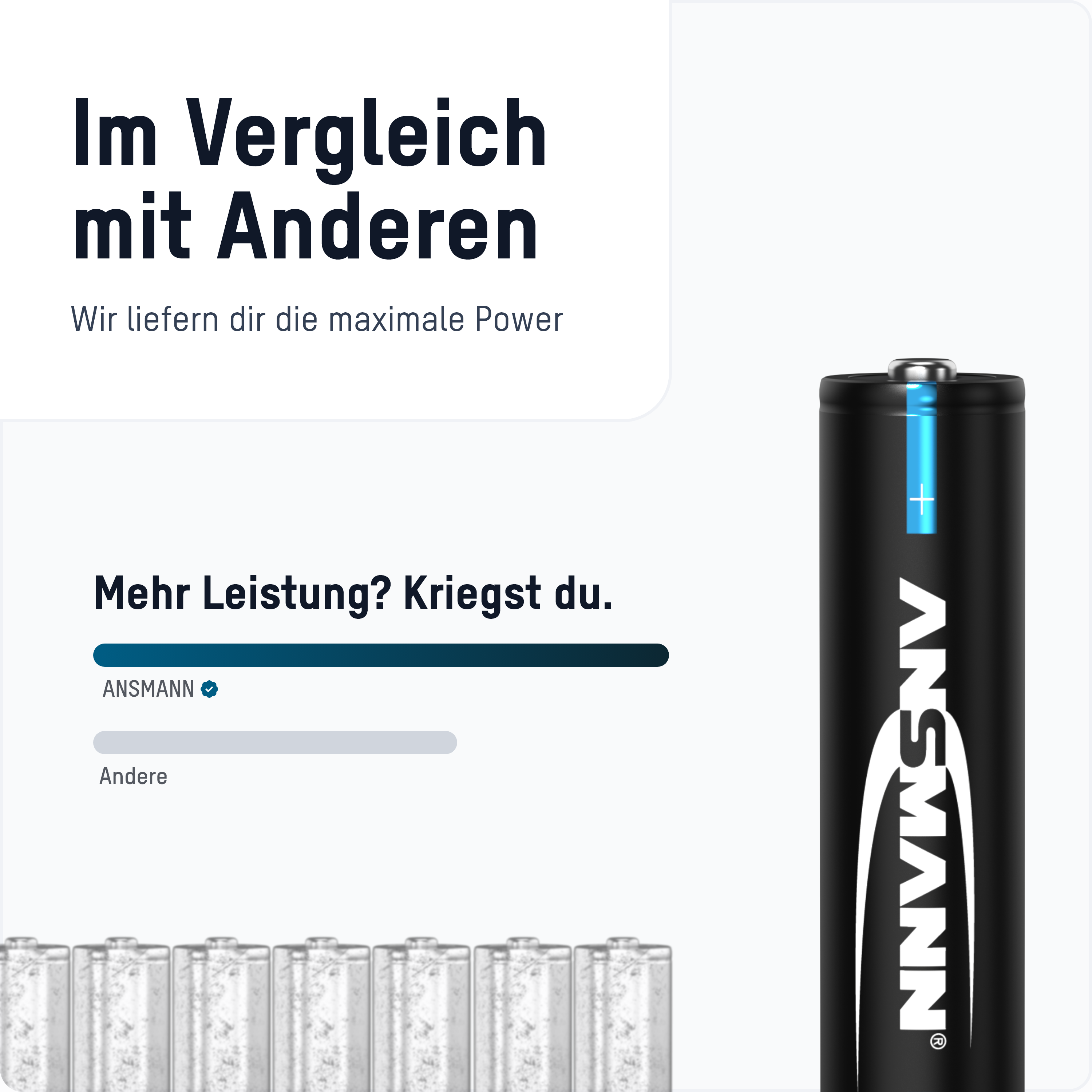 Schwarze Batterie mit blauen Akzenten, Text und Vergleichsgrafik. Titel: Im Vergleich mit Anderen.