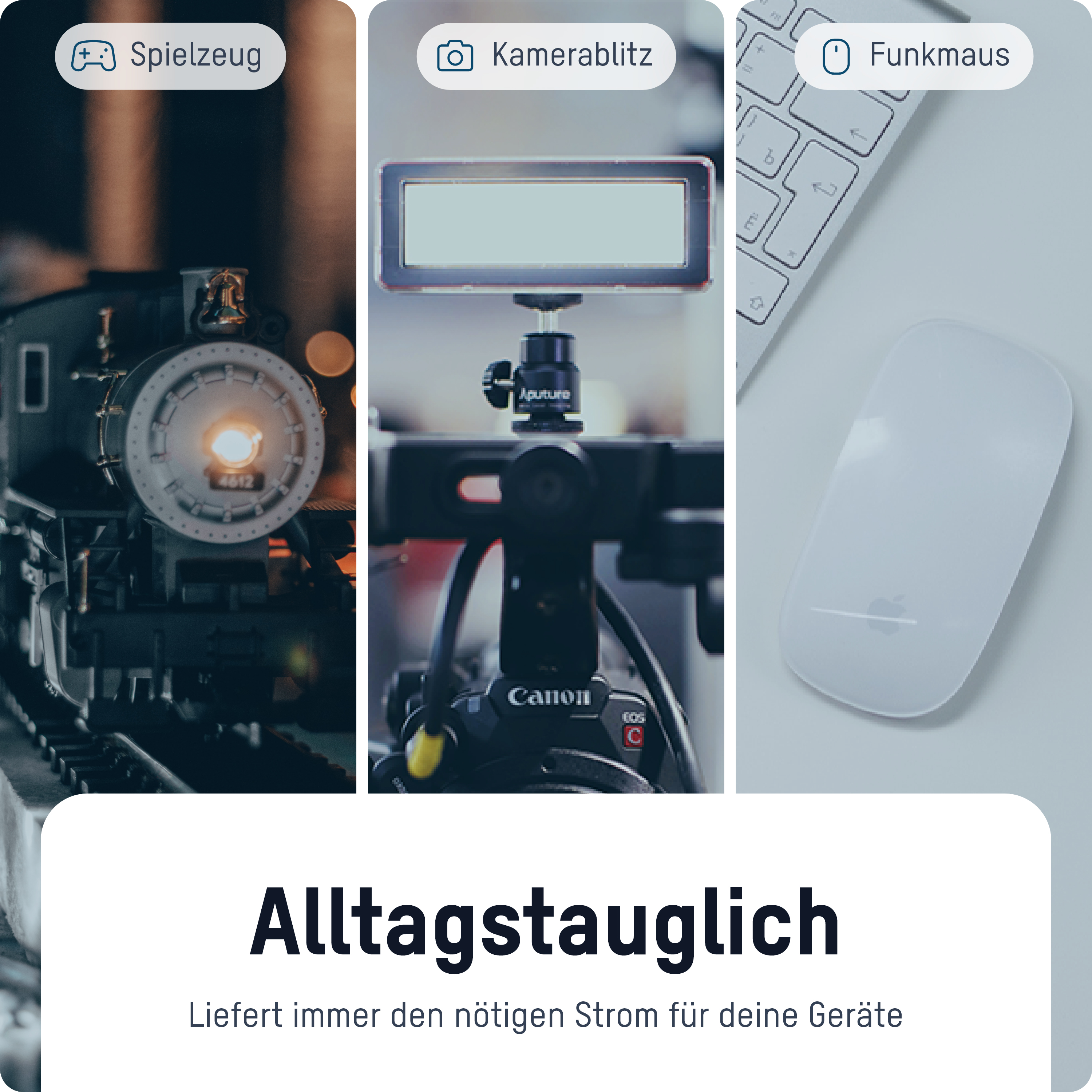 Drei Bilder: Spielzeugeisenbahn, Kamera auf Stativ und weiße Computermaus.