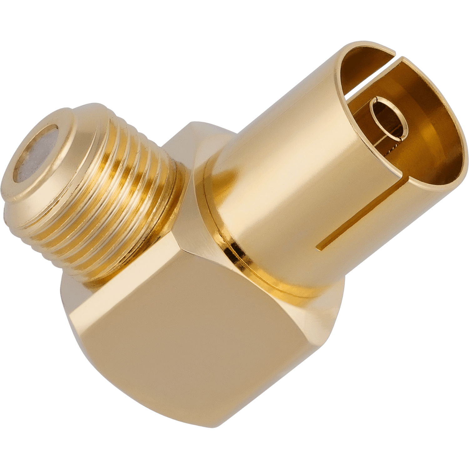 Goldfarbener, abgewinkelter Stecker. Er ist metallisch und hat ein abgewinkeltes Design zur Kabelverbindung.