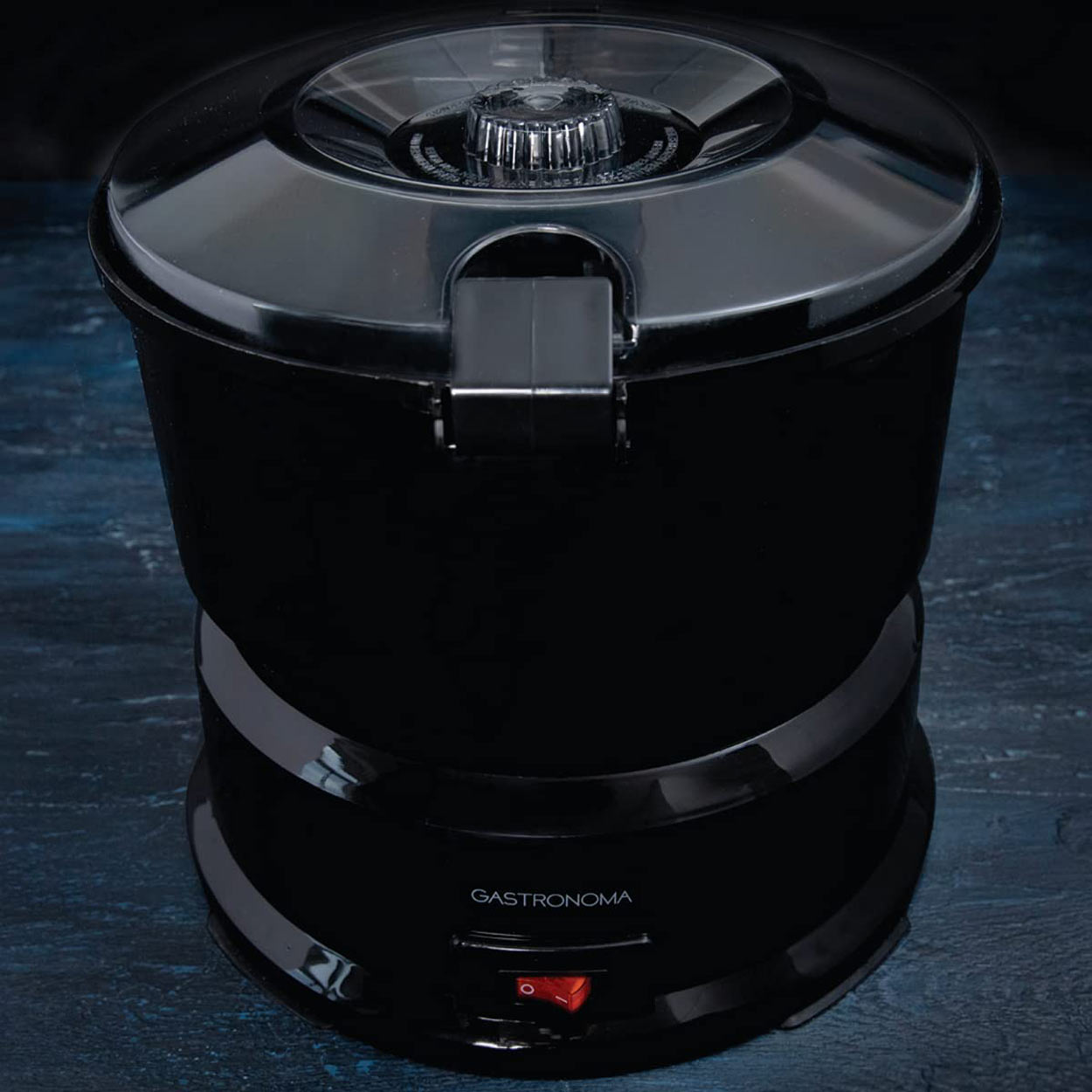 Czarna frytkownica z logo Gastronoma na ciemnoniebieskim tle.