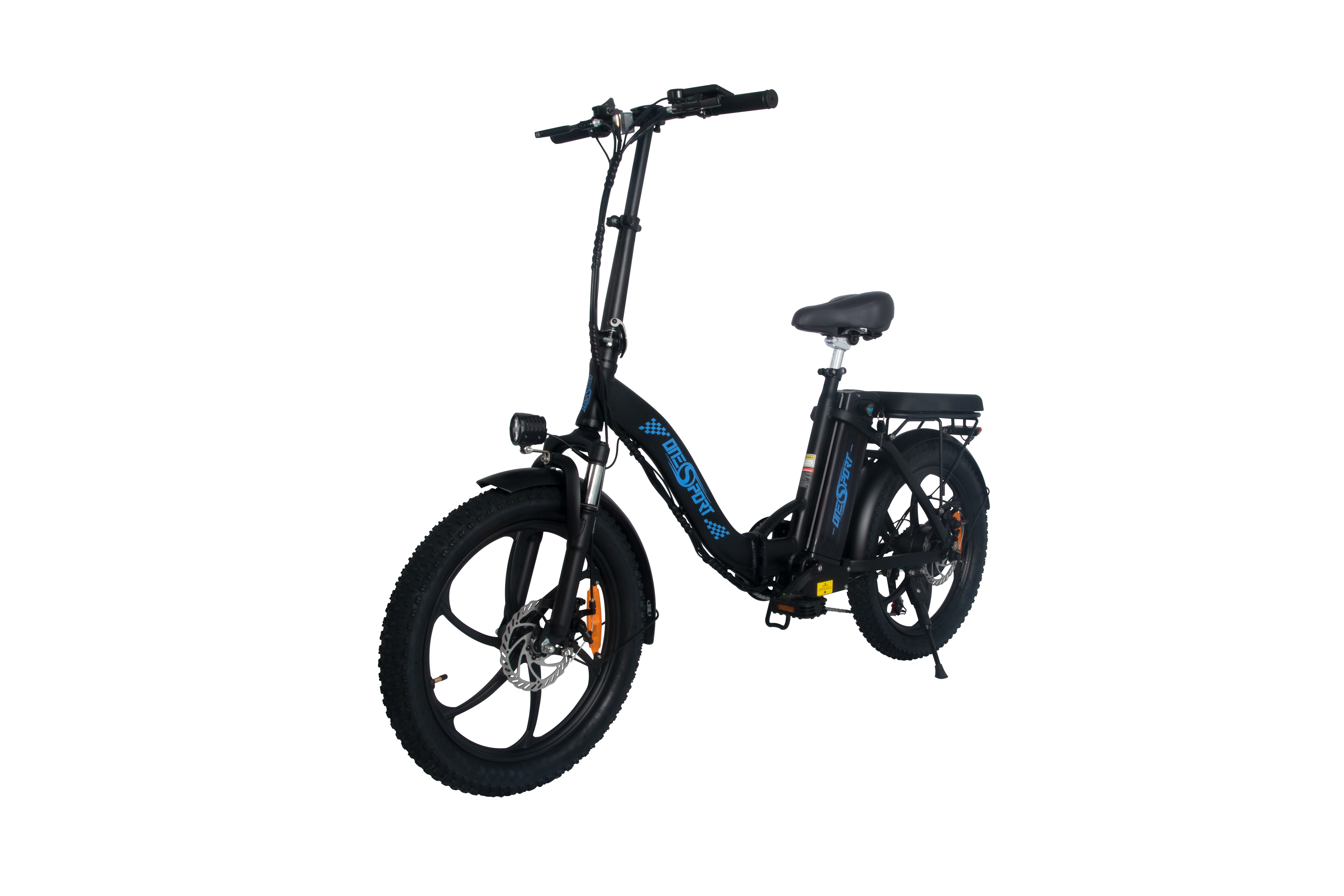 Schwarzes Elektrofahrrad auf weißem Hintergrund, Seitenansicht.