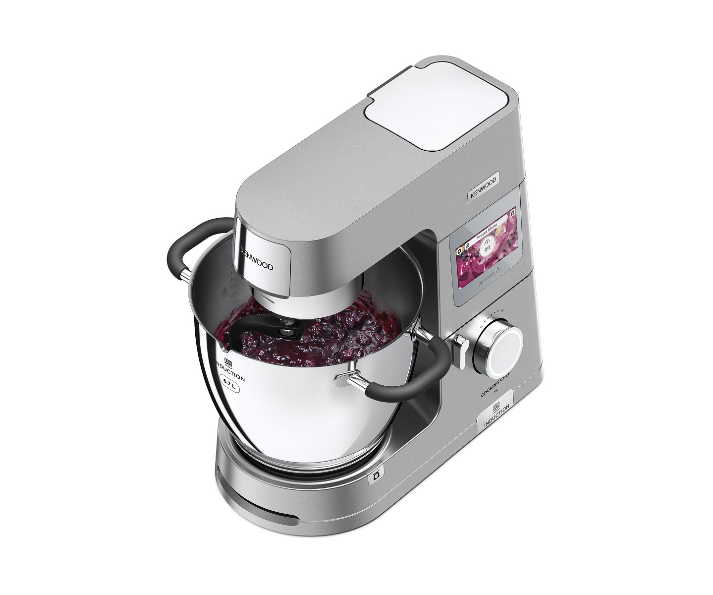Silberfarbener Foodprozessor mit einer Schüssel mit rotem Essen. Die Maschine hat ein Digitaldisplay.