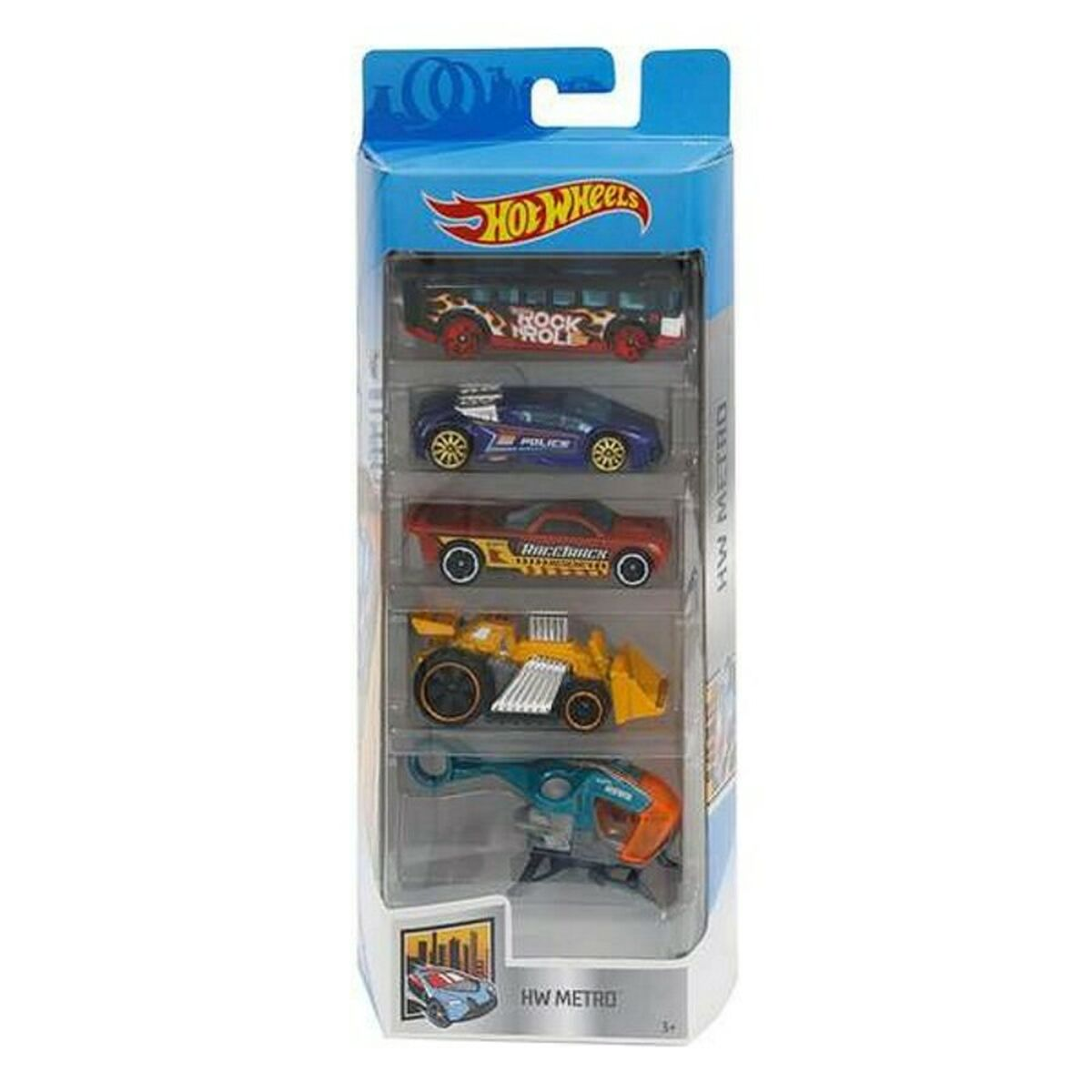 Un paquete de cinco coches de juguete Hot Wheels en disposición vertical.