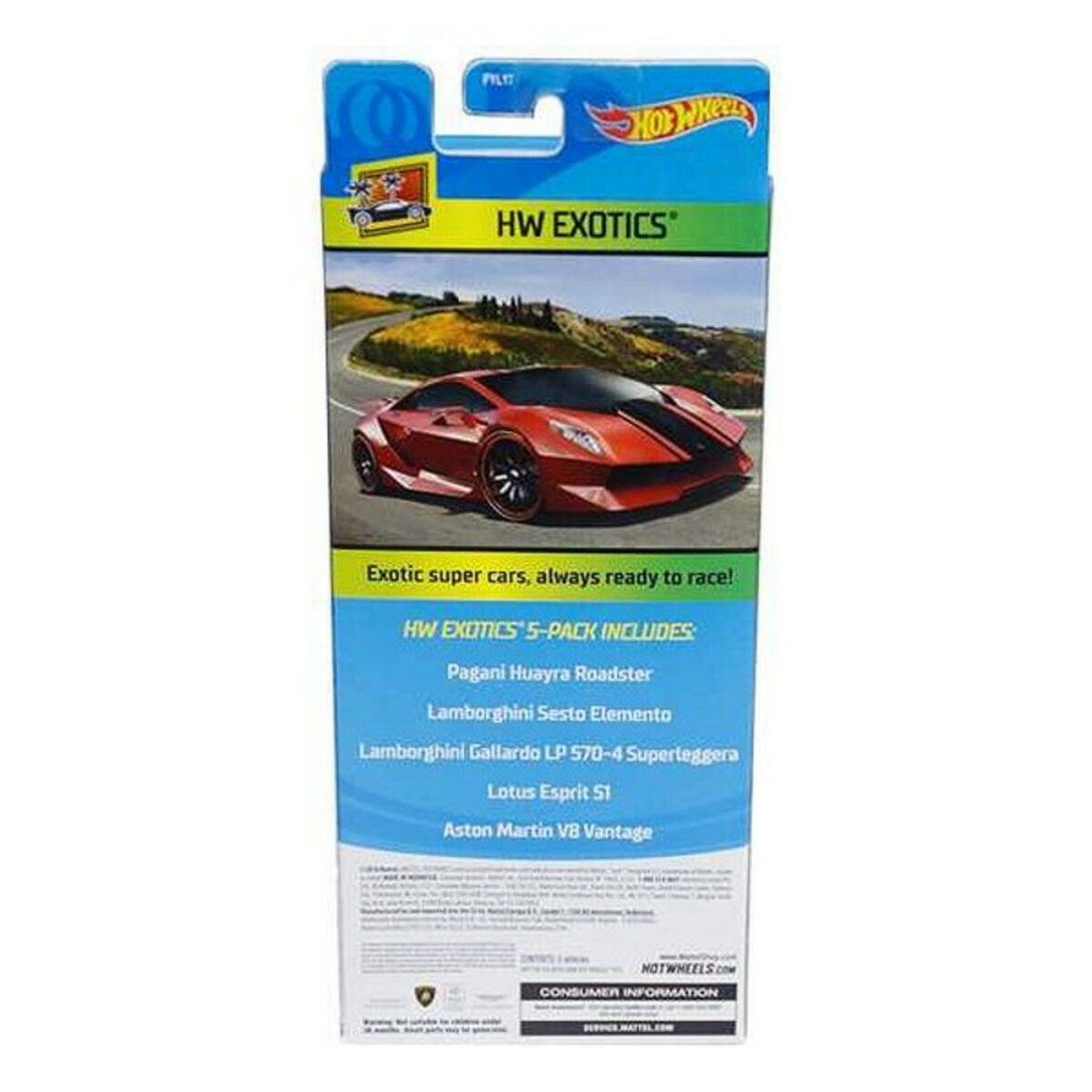Embalaje de Hot Wheels HW Exotics 5-pack. Presenta una imagen de coche rojo y nombres.