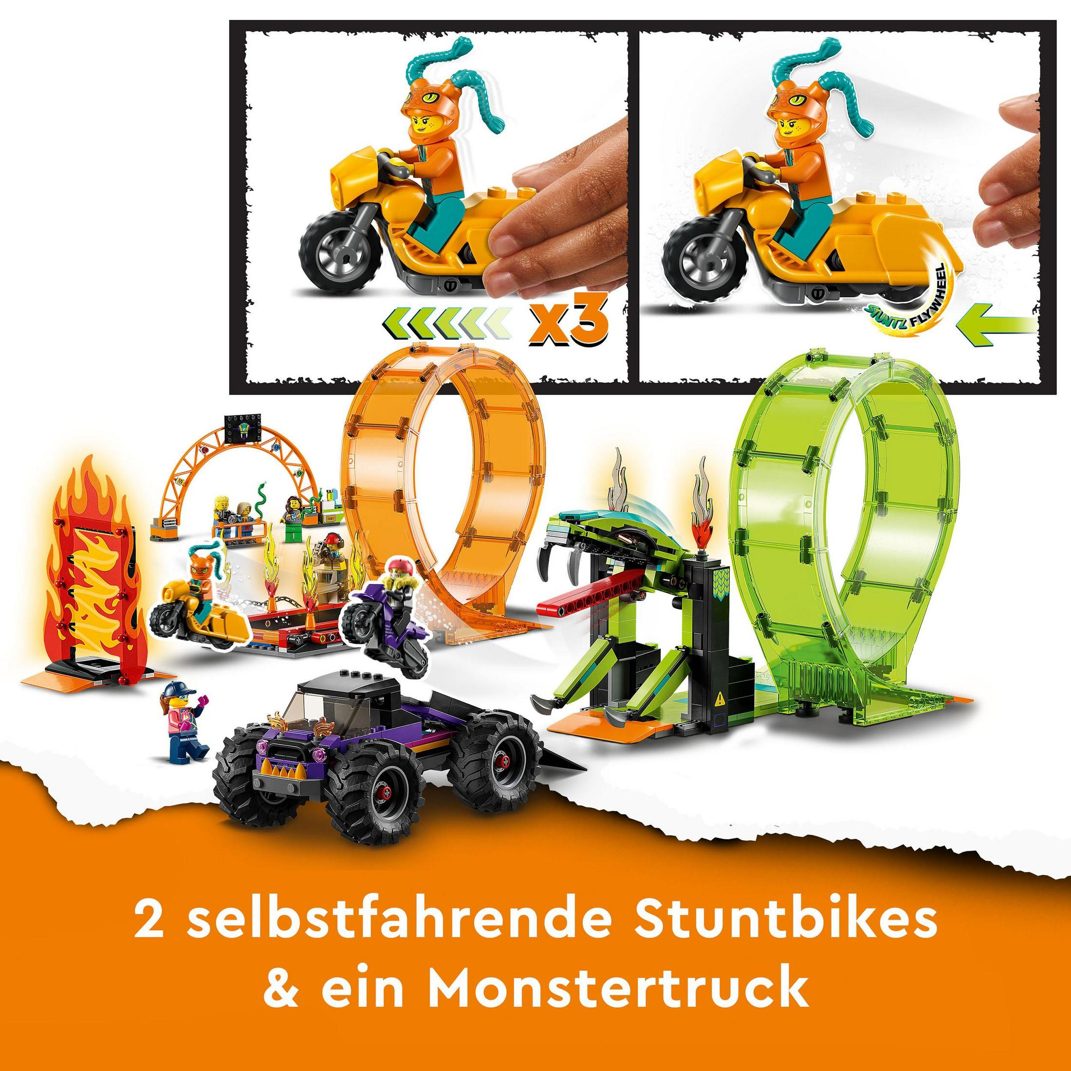 Lego Stuntbike-Set mit Rampen und Figuren; Vordergrund hat einen Monstertruck.