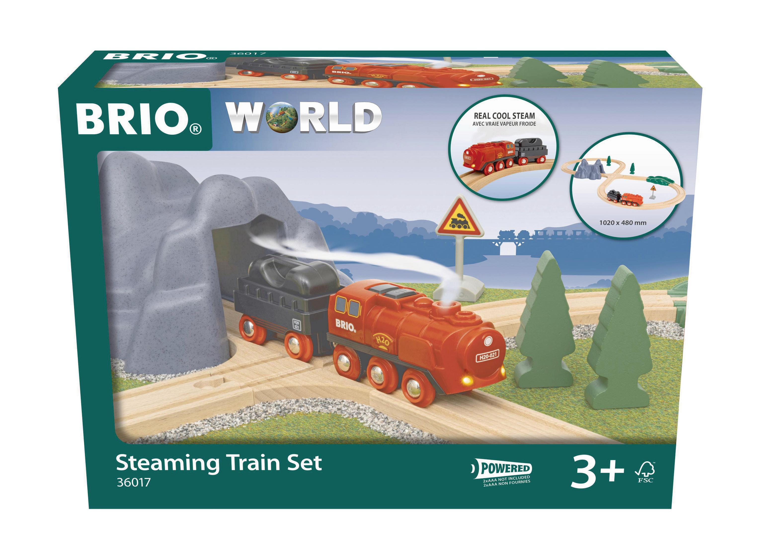 Pudełko zestawu pociągu parowego Brio z pociągiem, torem i tunelem.
