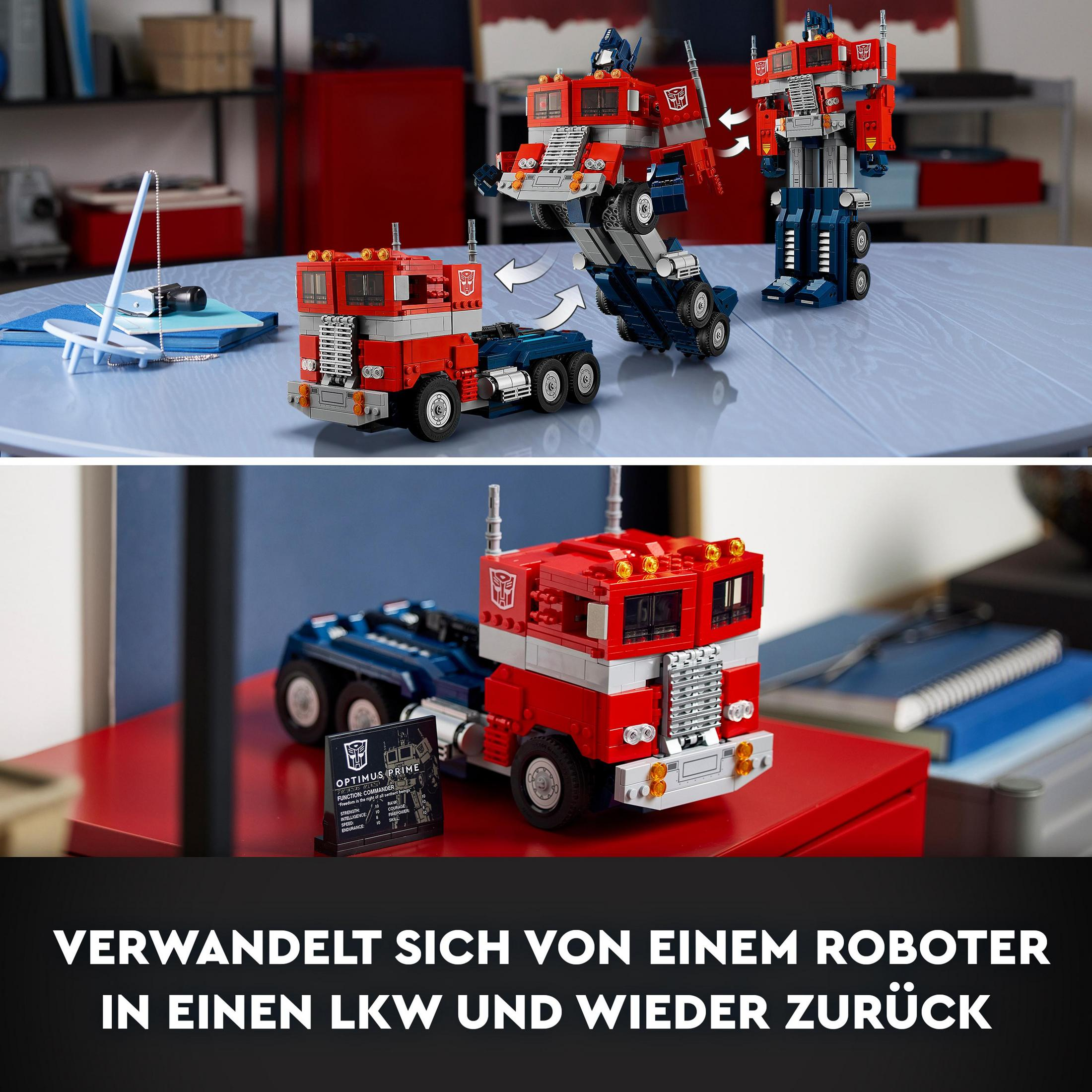 Zestaw LEGO Optimus Prime, zmieniający się z robota w ciężarówkę. Kolory czerwony i niebieski.