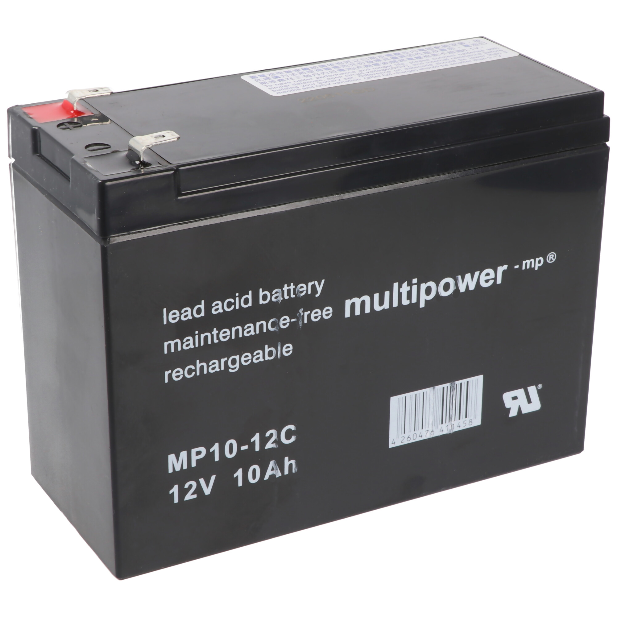 Schwarze rechteckige Blei-Säure-Batterie mit weißem Text auf weißem Hintergrund.