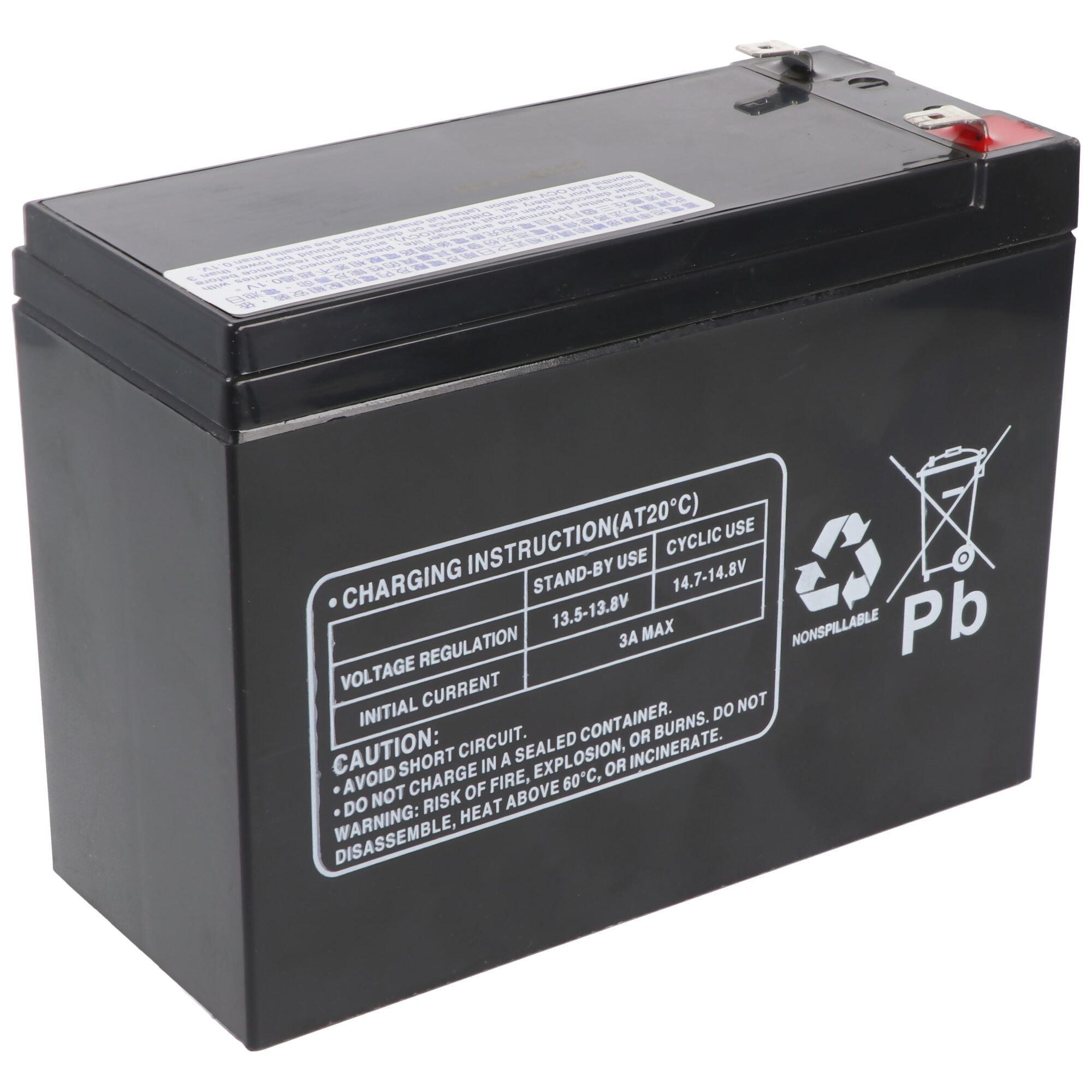 Eine schwarze Batterie mit einem Etikett mit Ladeanweisungen und Warnhinweisen auf weißem Hintergrund.