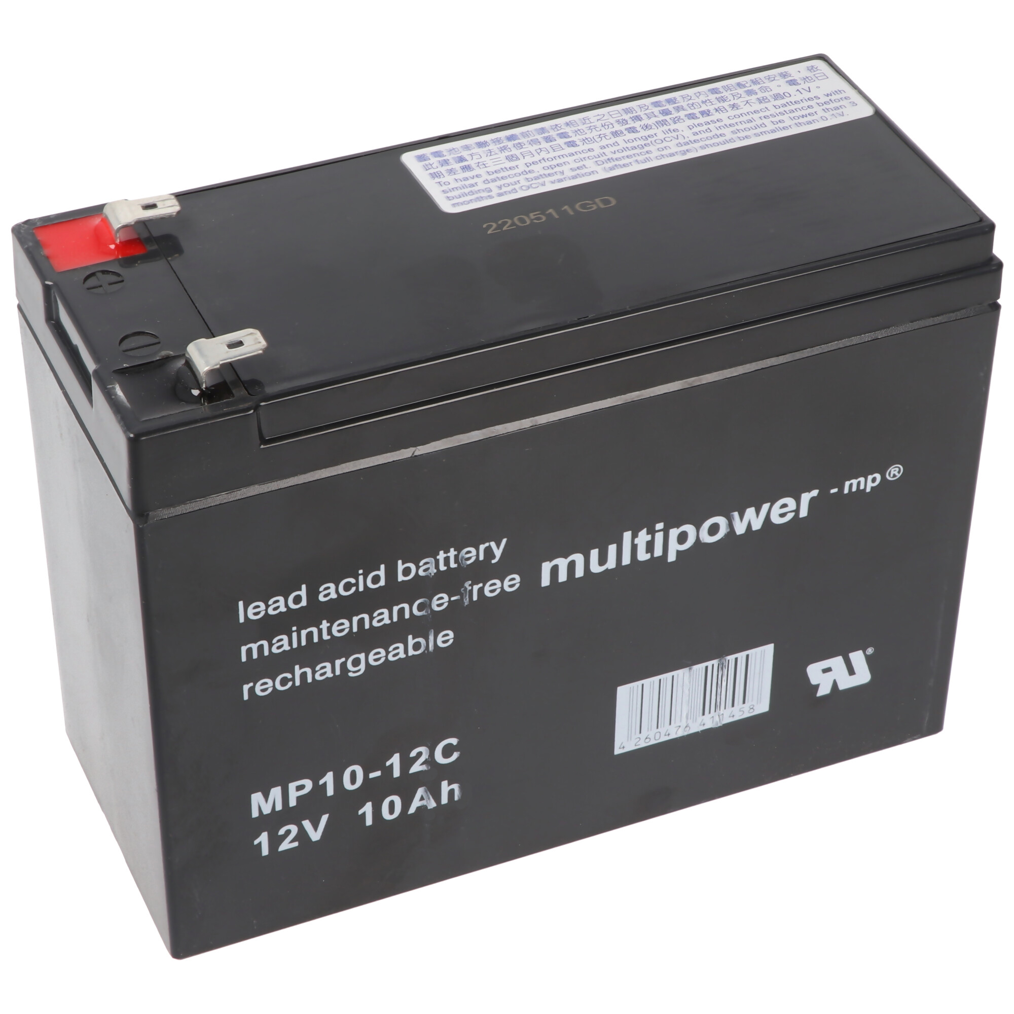 Eine schwarze rechteckige Batterie mit Aufdruck und rotem Anschluss.