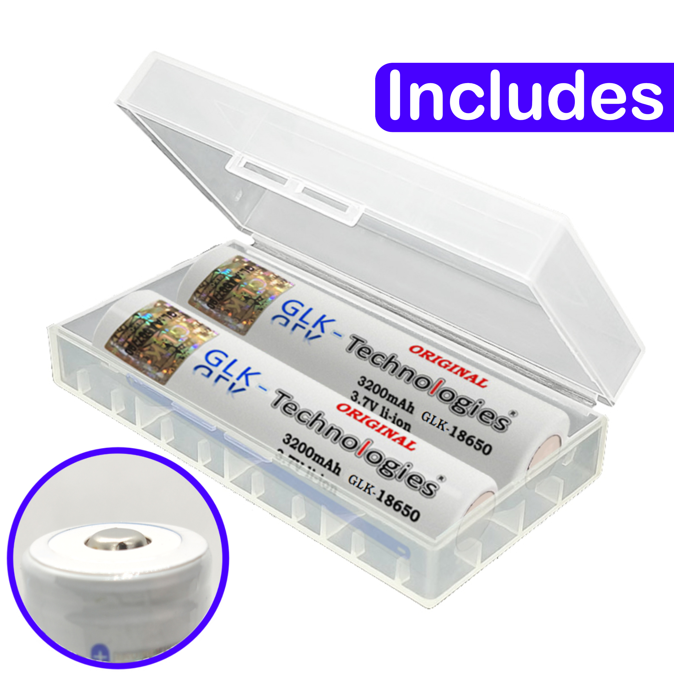 Zwei Batterien in einem transparenten Kunststoffgehäuse, beschriftet mit Text und einem Pluszeichen.