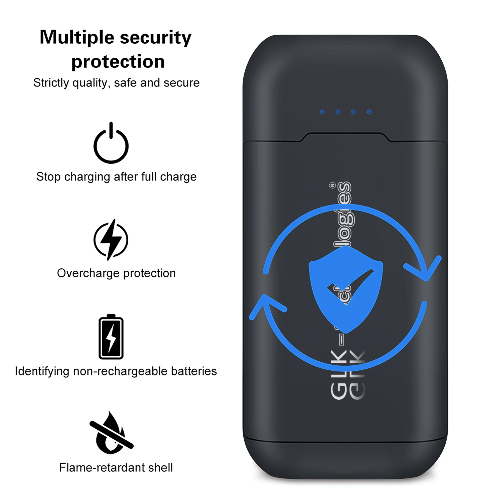 Schwarze Powerbank mit Symbolen und Text zu Laden, Überladeschutz und Batteriesicherheit.