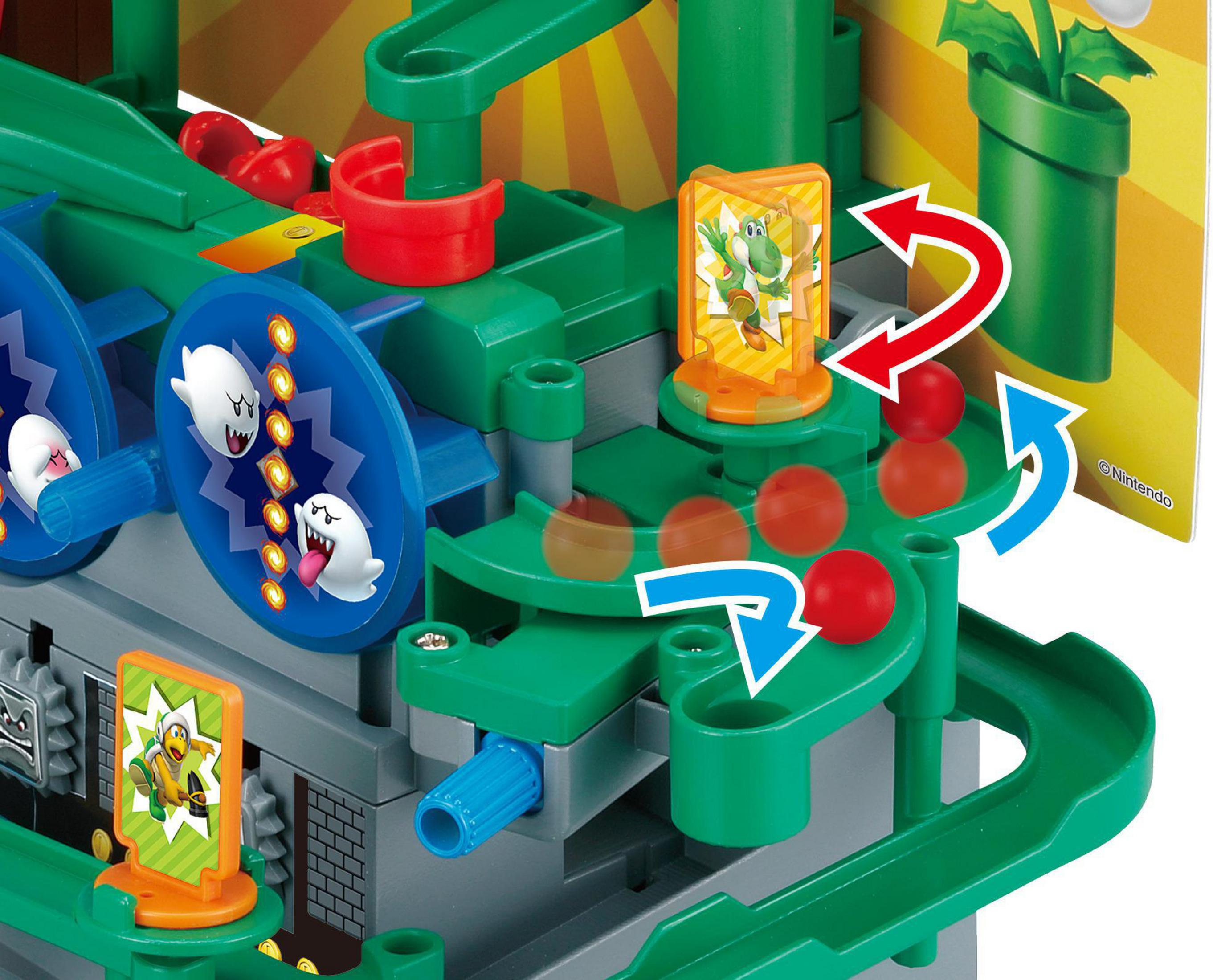 Un giocattolo di Super Mario, con binari verdi, palline rosse e cartelli dei personaggi.