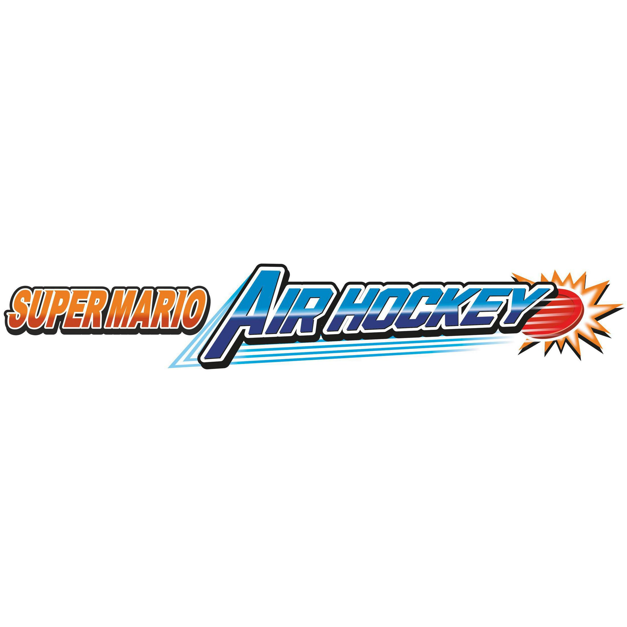 Super Mario Air Hockey logo. White background. Blue letters with red, orange, and yellow accents.