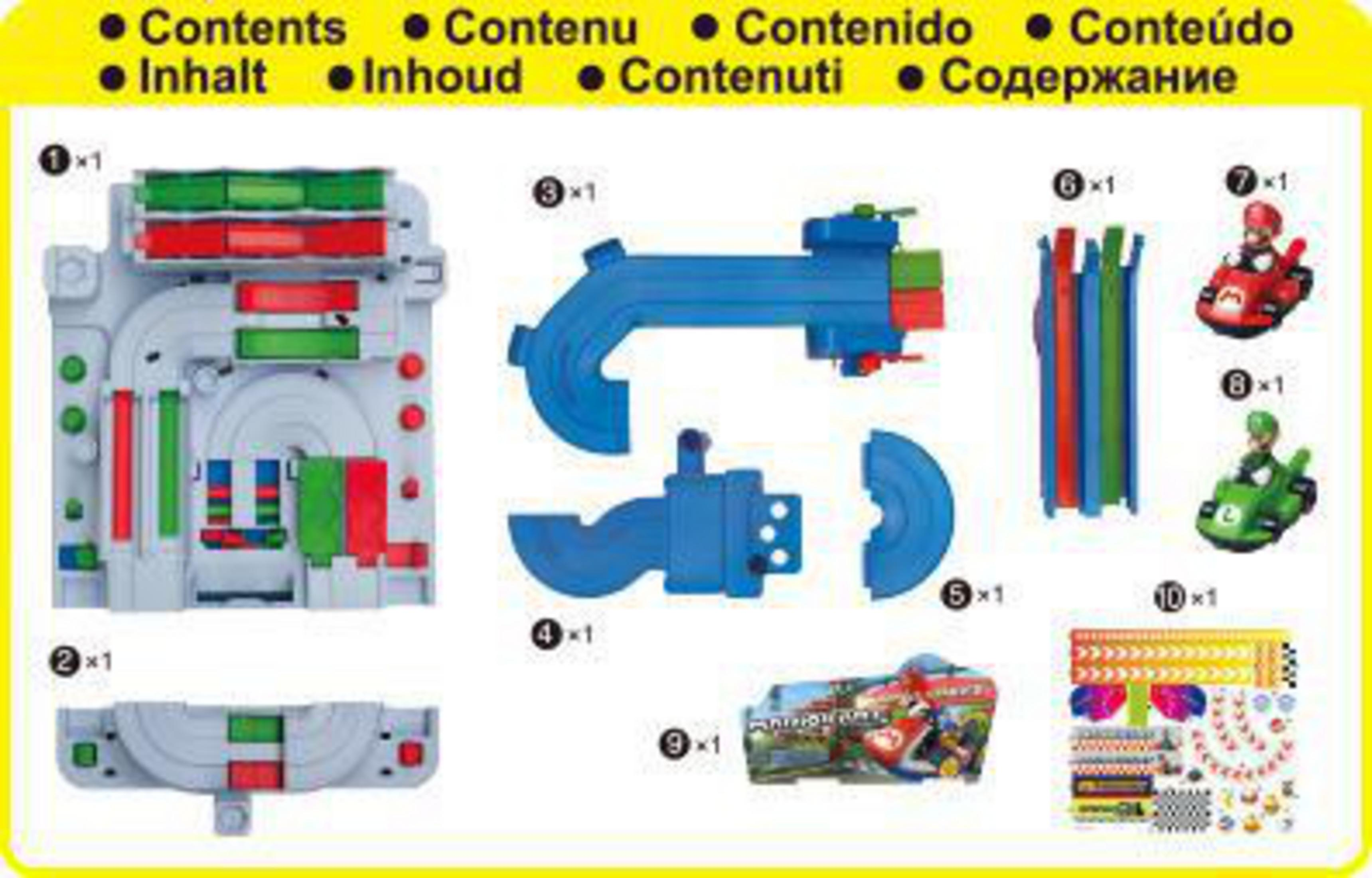 Obraz przedstawiający różne części toru wyścigowego dla zabawek, z etykietami i ilościami.