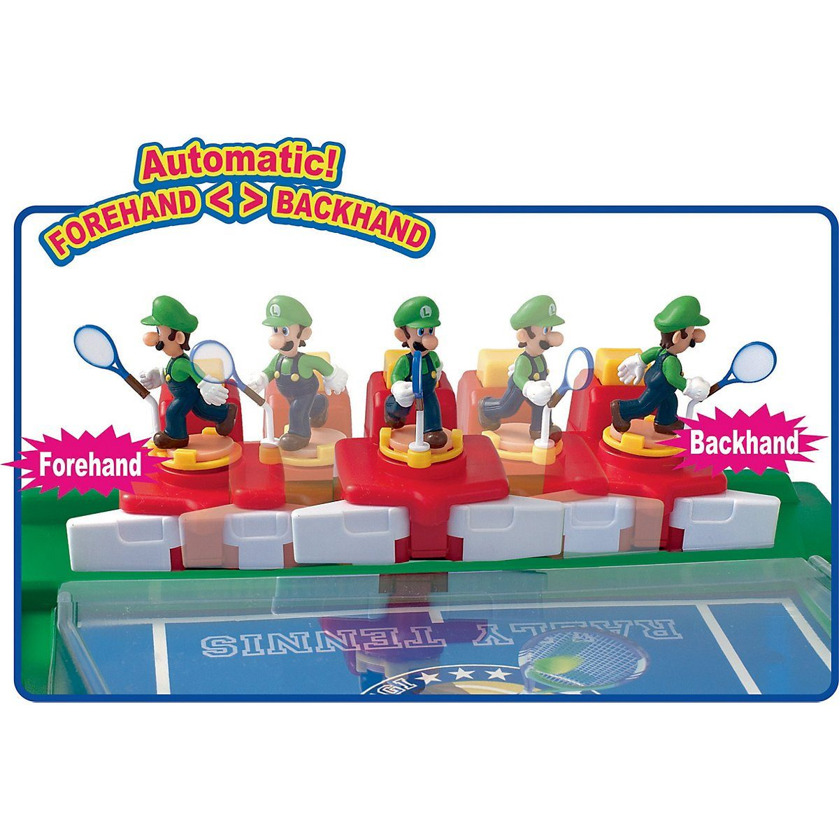 Figurki Luigiego grające w tenisa. Tekst wskazuje pozycje forhendu i bekhendu.