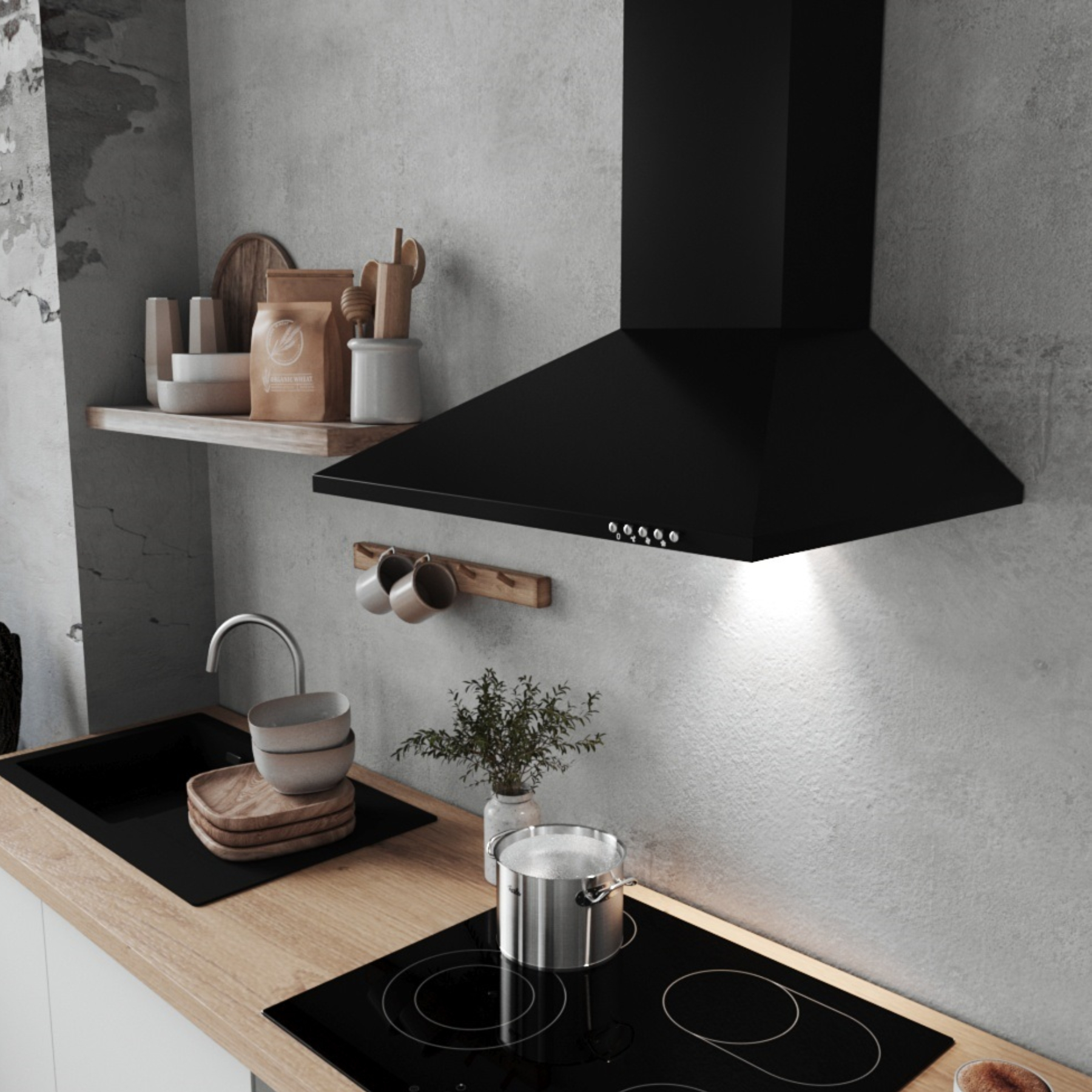 Een keuken met een zwarte afzuigkap. Er is een gootsteen, een houten aanrecht en een pan op het fornuis.