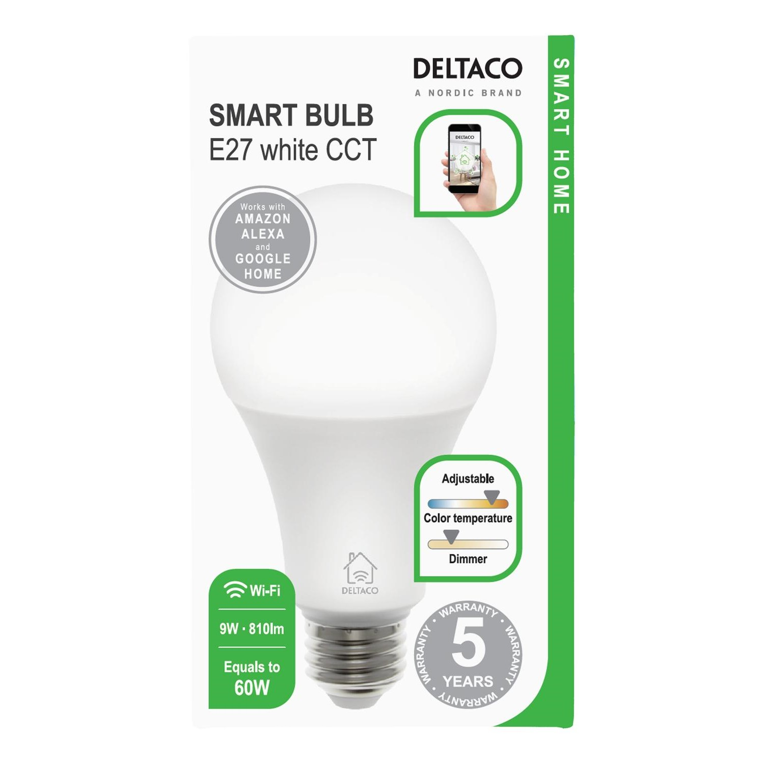 DELTACO DELTACO SMART HOME LED-Lampe, 2700K-6500K, WLAN, dimmbar, LED-Leuchte, Weiß E27, 9W, wei