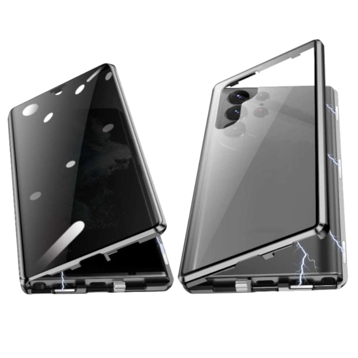Metall Mirror WIGENTO Glas 5G, Hülle, Magnet Ultra Beidseitige Privacy S23 360 Samsung, Transparent Grad Galaxy / Schwarz / Cover, Full