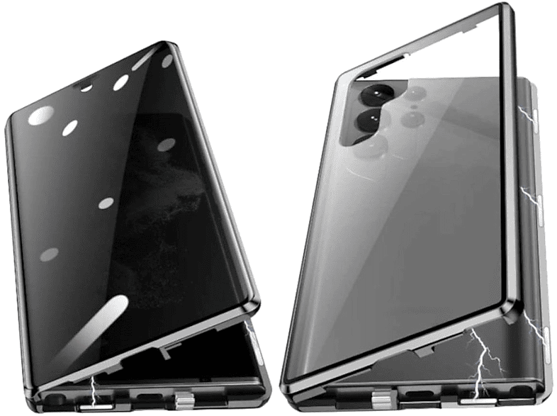 WIGENTO Beidseitige 360 Grad Magnet / Glas Metall Privacy Mirror Hülle, Full Cover, Samsung, Galaxy S23 Ultra 5G, Schwarz / Transparent