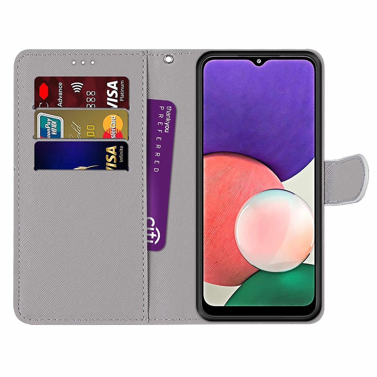 Kreditkarten WIGENTO Wallet Motiv Book Fach, 5G, Druck Samsung, Bookcover, Galaxy Muster mit mit Weiß A22 Geld Tasche &