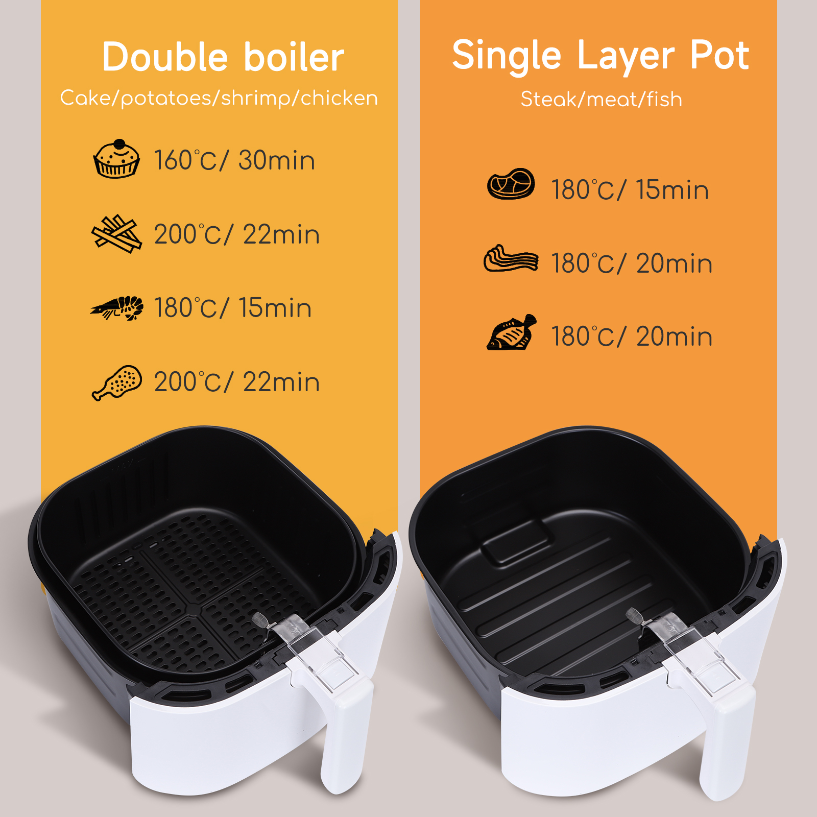 Zwei Heißluftfritteusen-Körbe mit Kochtipps für Doppelboiler und Single-Layer-Topf.